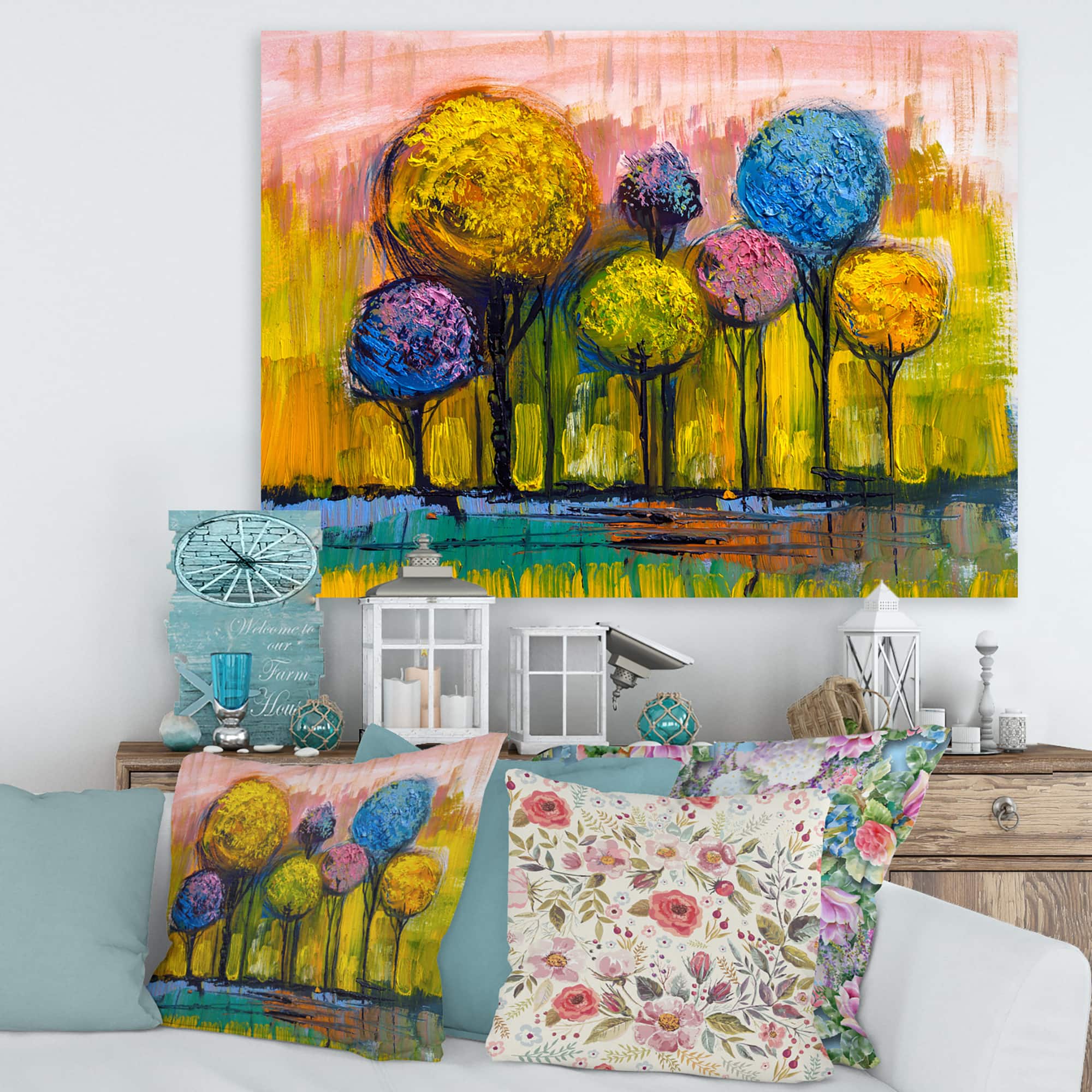 Designart - Colourful Trees Impressionist Landscape IV - Modern Canvas Wall Art Print