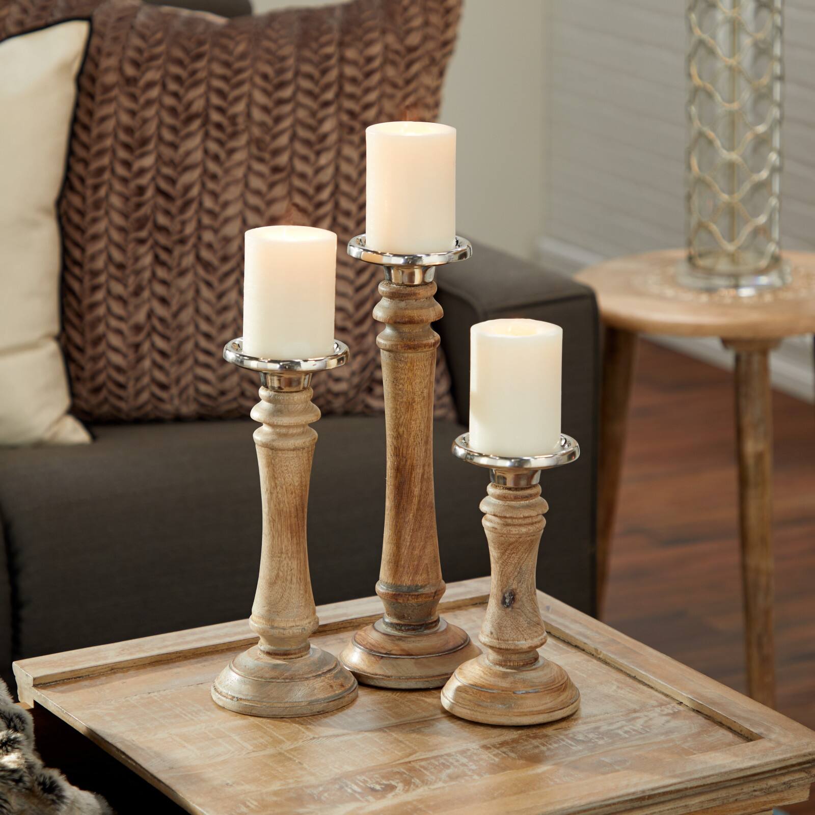 Brown Mango Wood Traditional Candle Holder Set