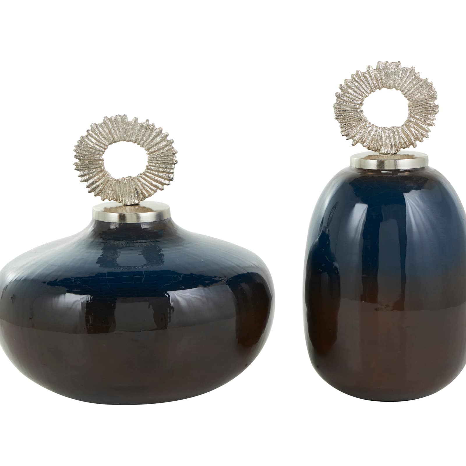 Blue Metal Ombre Decorative Jars with Brown Accents & Silver Ring Handles Set