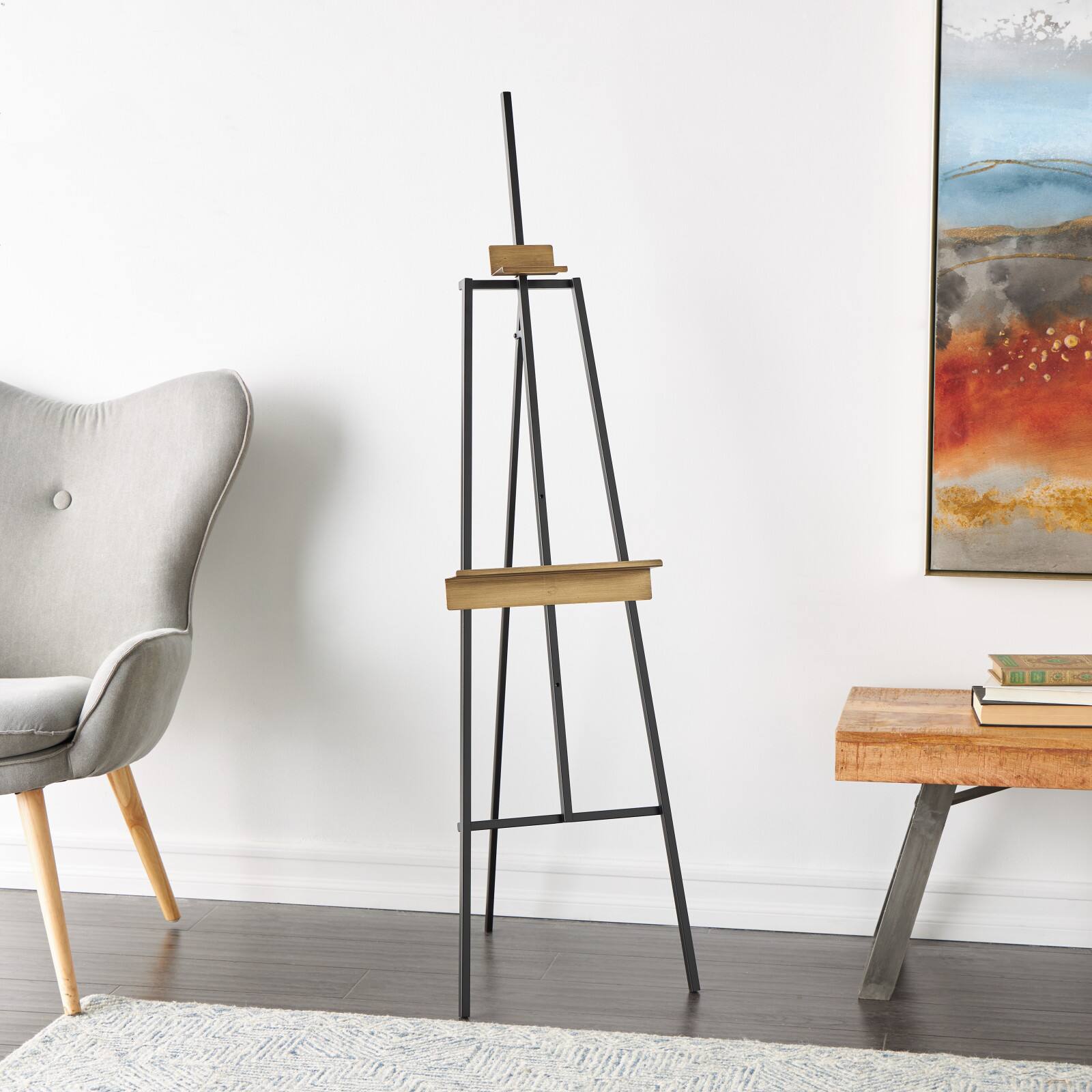 56.25" Black Metal Painter's Inspired 3-Tier Display Easel with Gold Accents