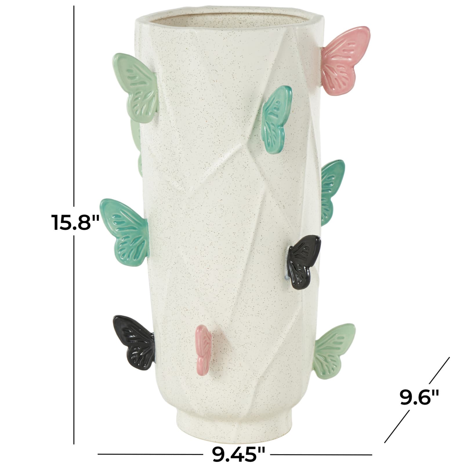 15.75" White Ceramic Butterfly Wide Decorative Vase with Multicolor Accents