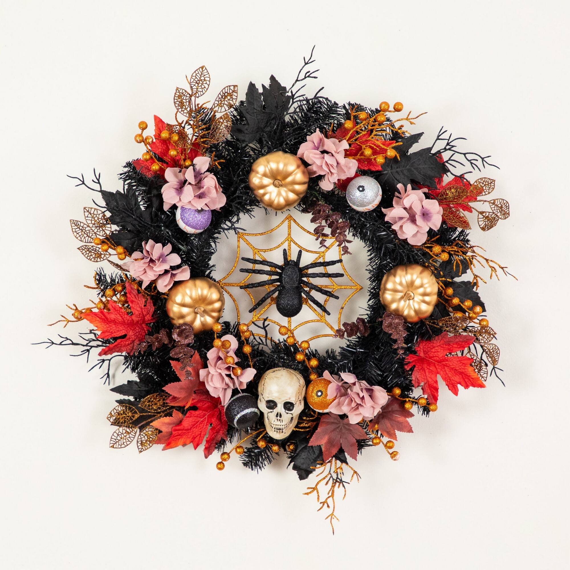 24" Artificial Halloween Wreath with Skulls, Spiders and Pumpkins