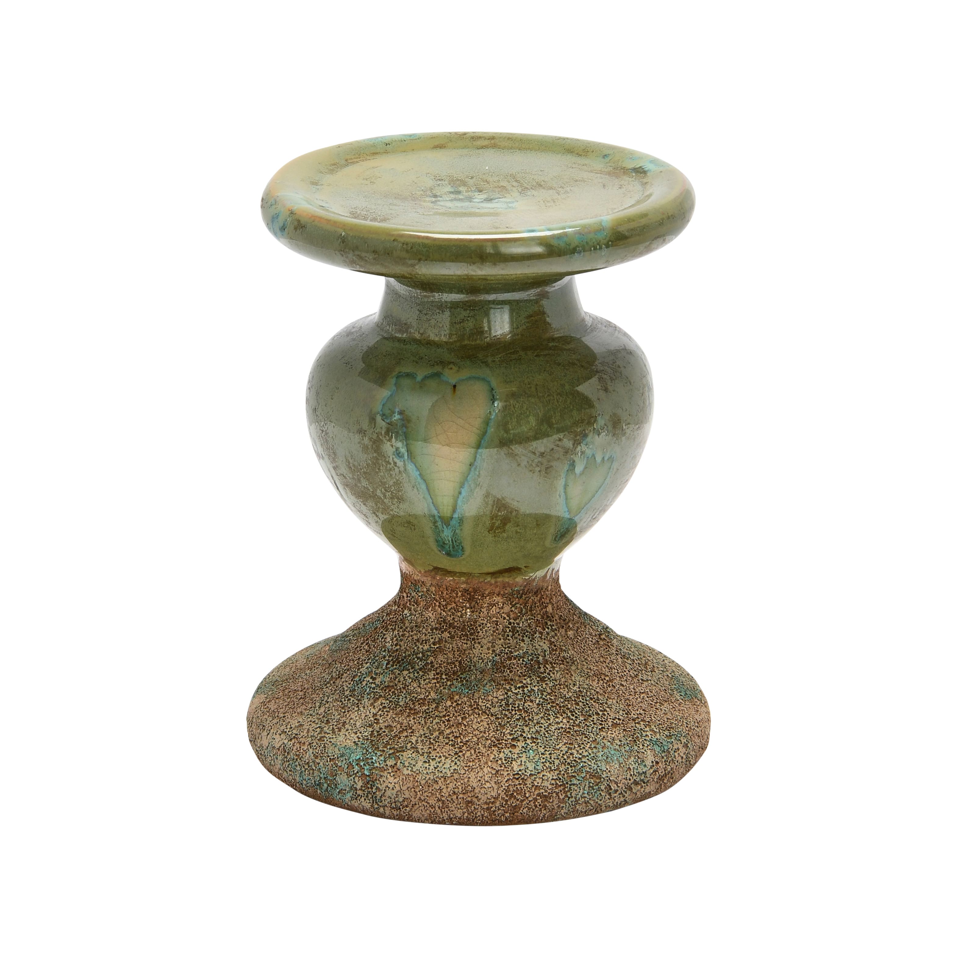Hello Honey® Distressed Green 2-Tone Sculptural Terracotta Pillar Candle Holder