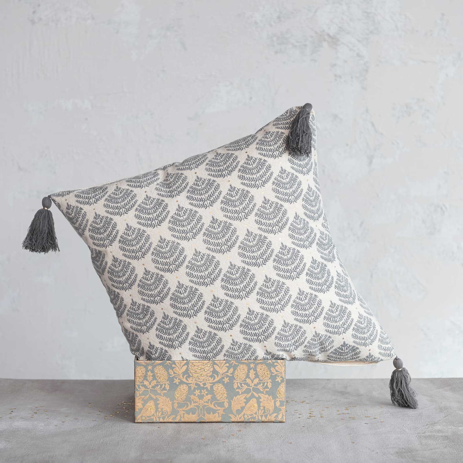 Hello Honey® 18" Gray & Gold Leaf Pattern Cotton Pillow with Tassels