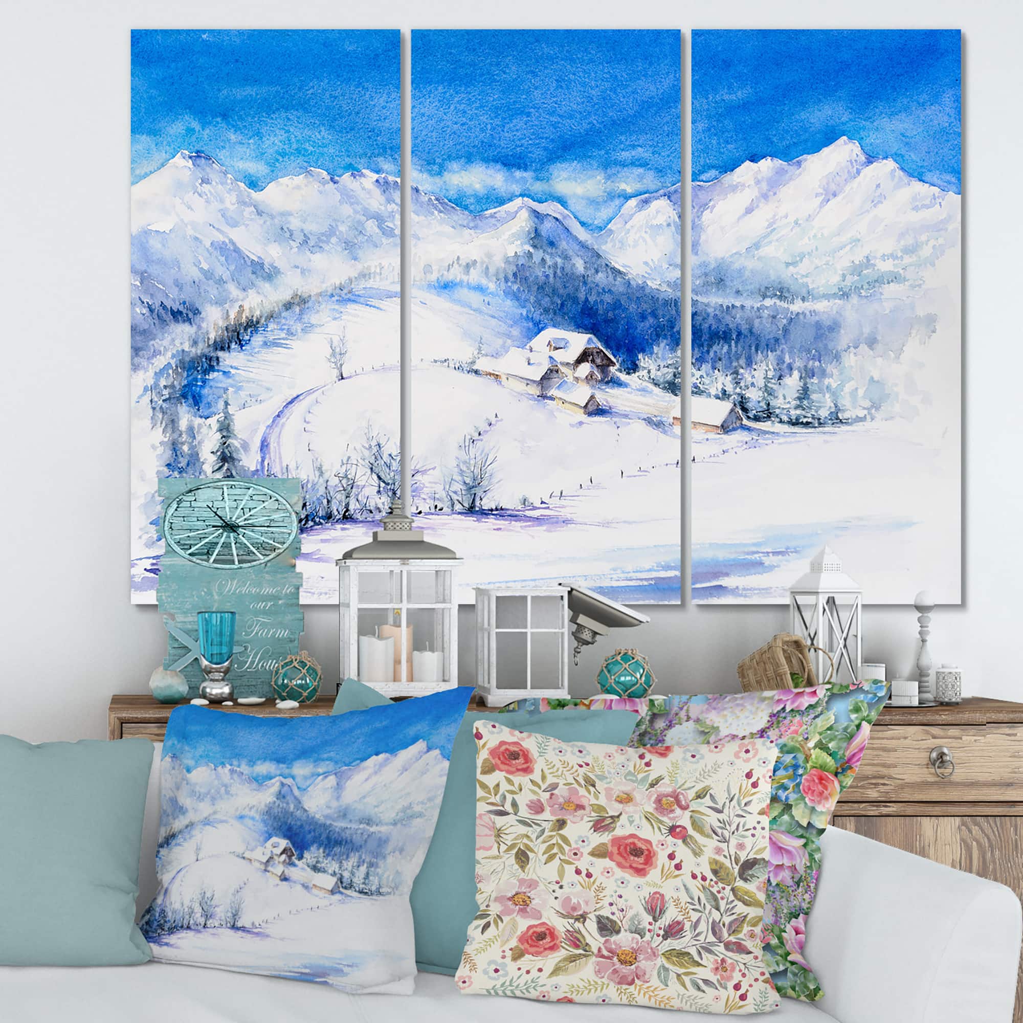 Designart - Winter Mountain Landscape With Wooden House