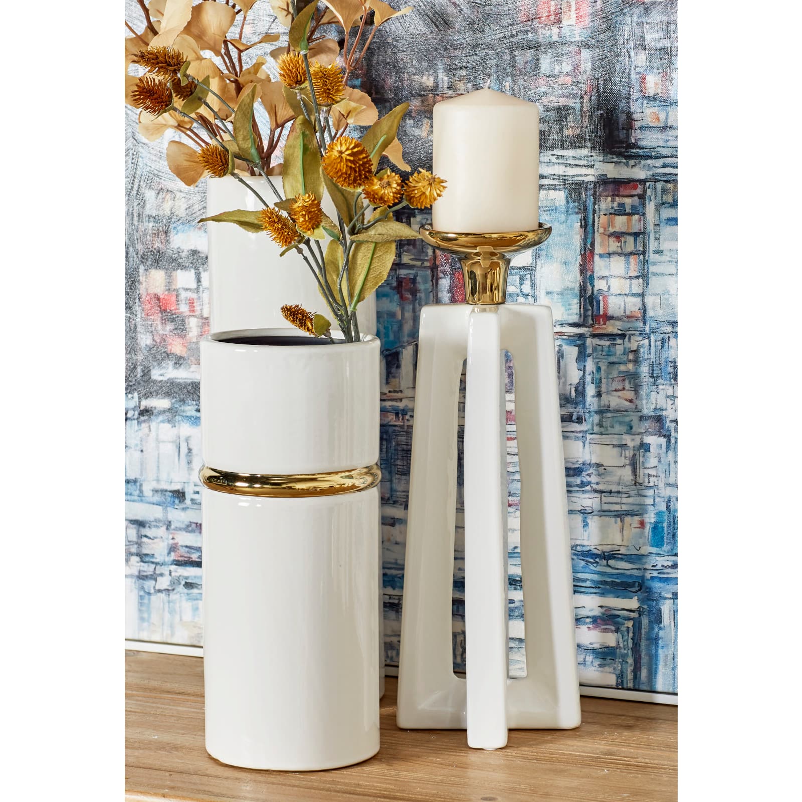 CosmoLiving by Cosmopolitan White Ceramic Modern Candle Holder Set