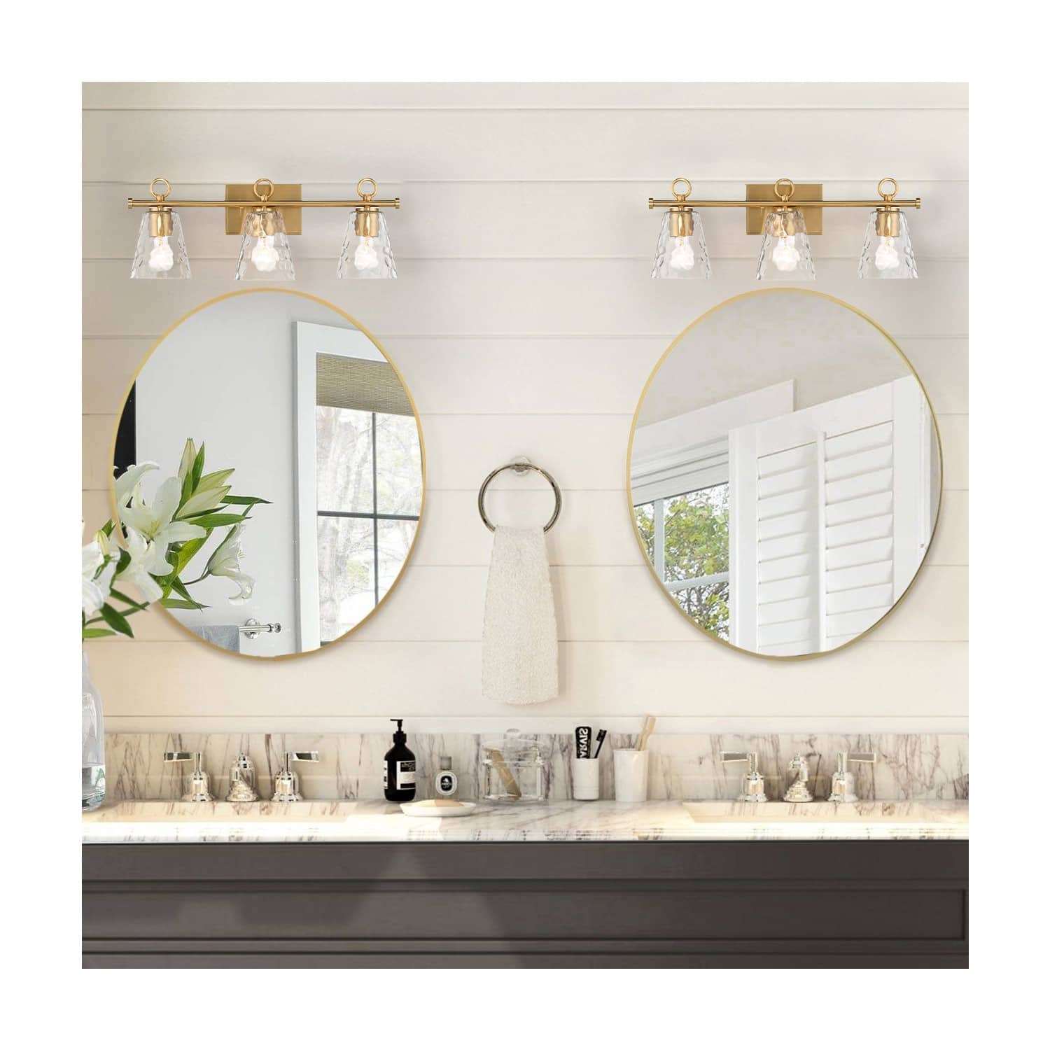 Hello Honey® Imogen Brushed Gold Metal & Hammered Water Glass 3-Light Vanity Light