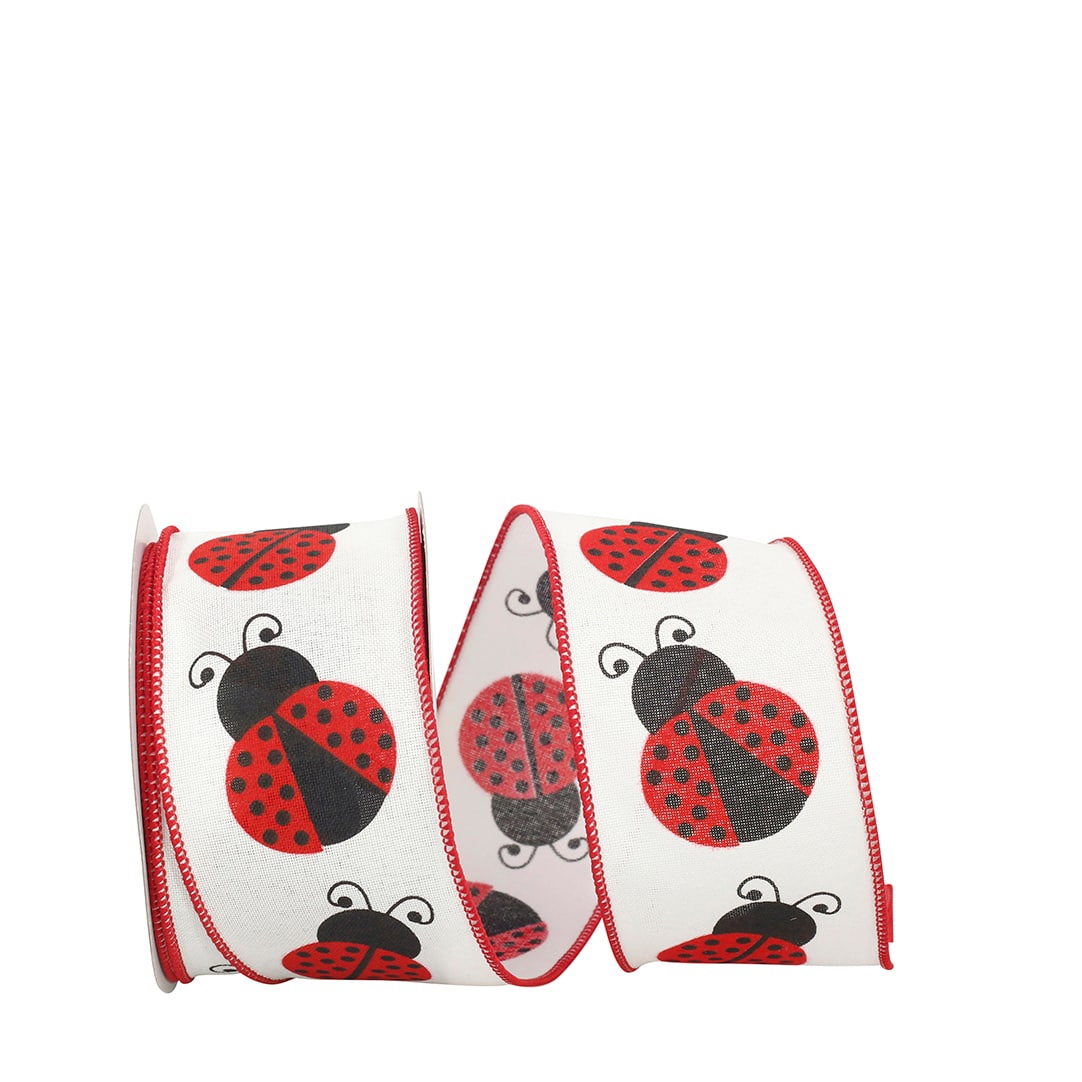 JAM Paper 2.5" x 10yd. Faux Linen Wired Ladybug Ribbon
