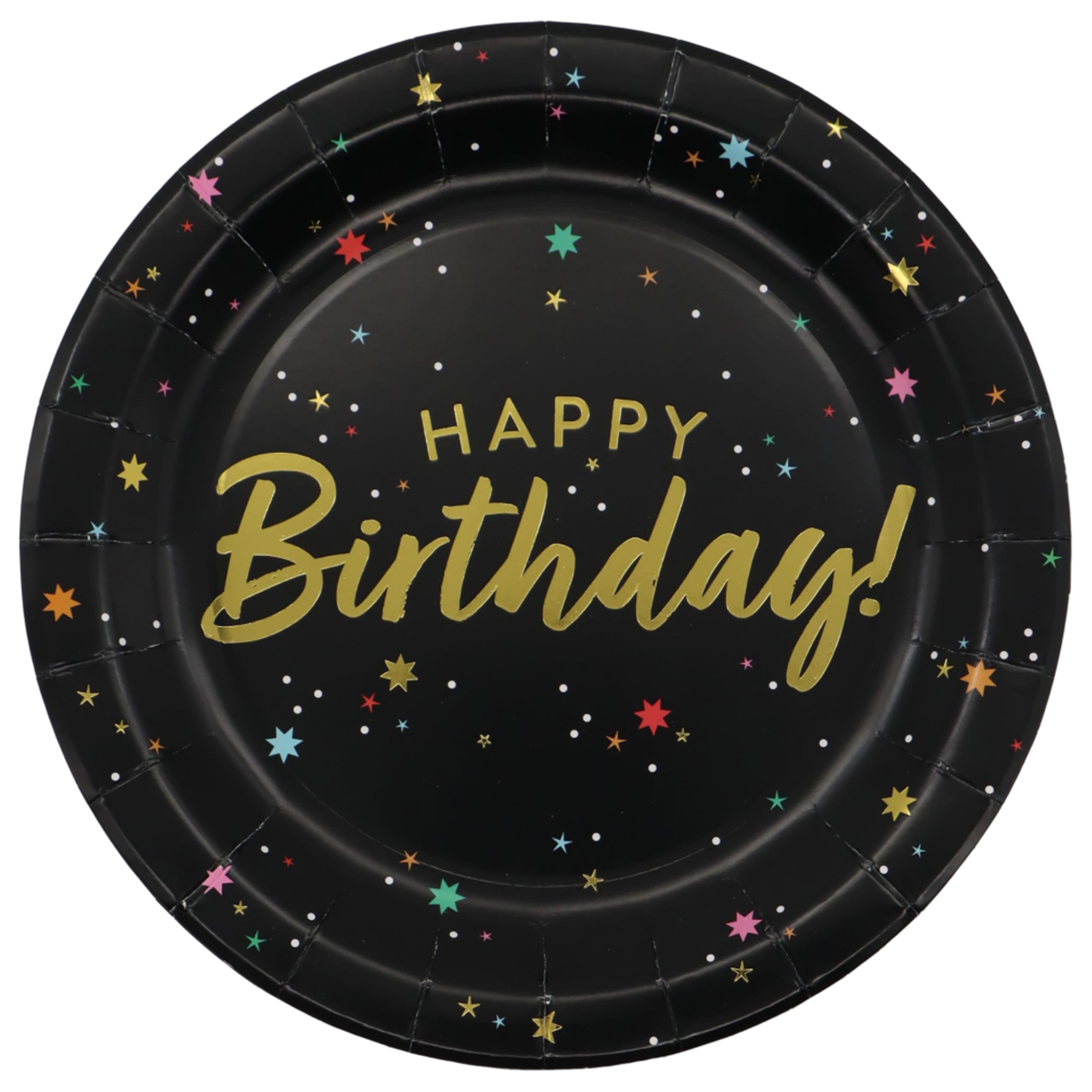 12 Packs: 8 ct. (96 total) 9" Black & Gold Starry Happy Birthday Paper Plates by Celebrate It™