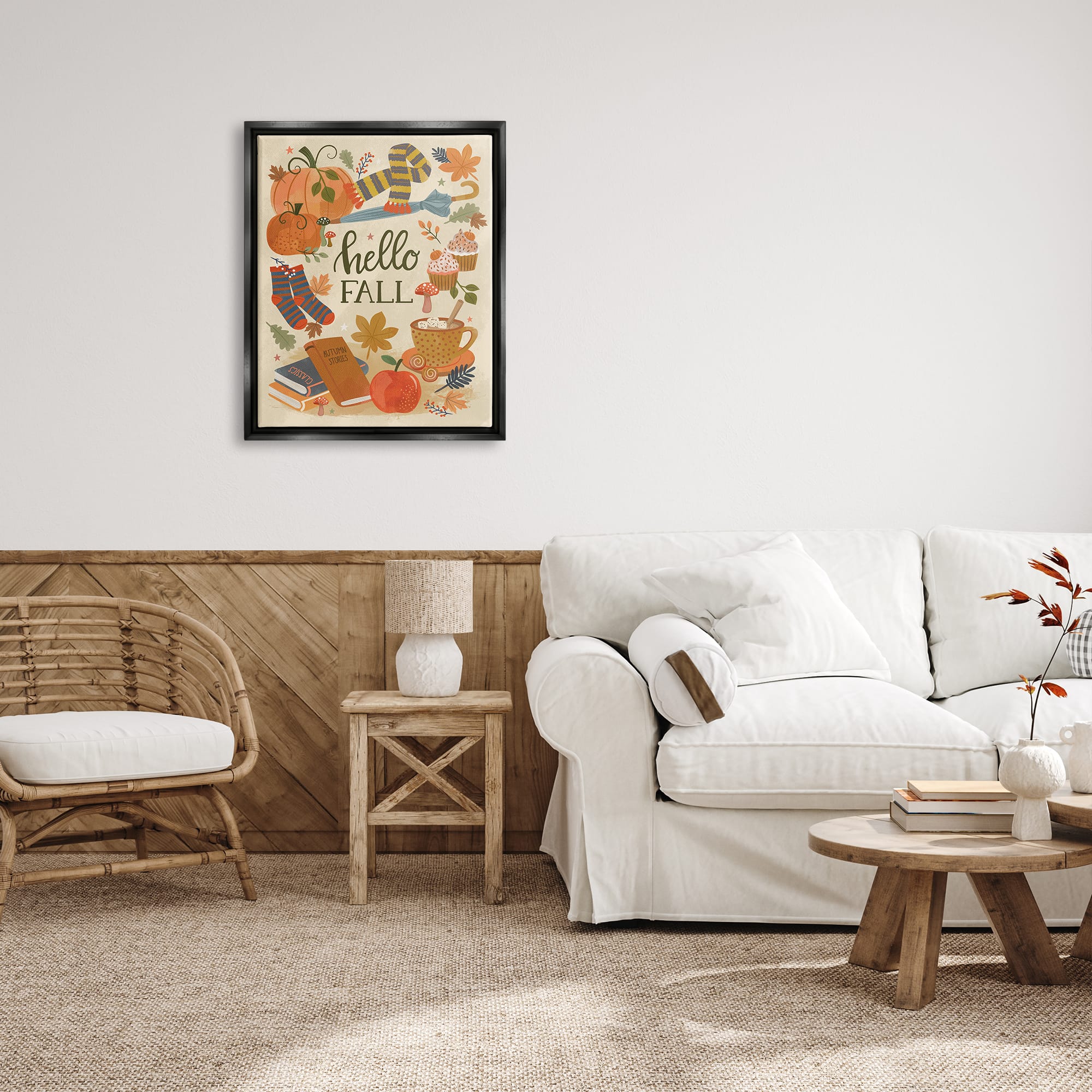 Stupell Industries Hello Fall Cozy Autumn Items Framed Floater Canvas Wall Art
