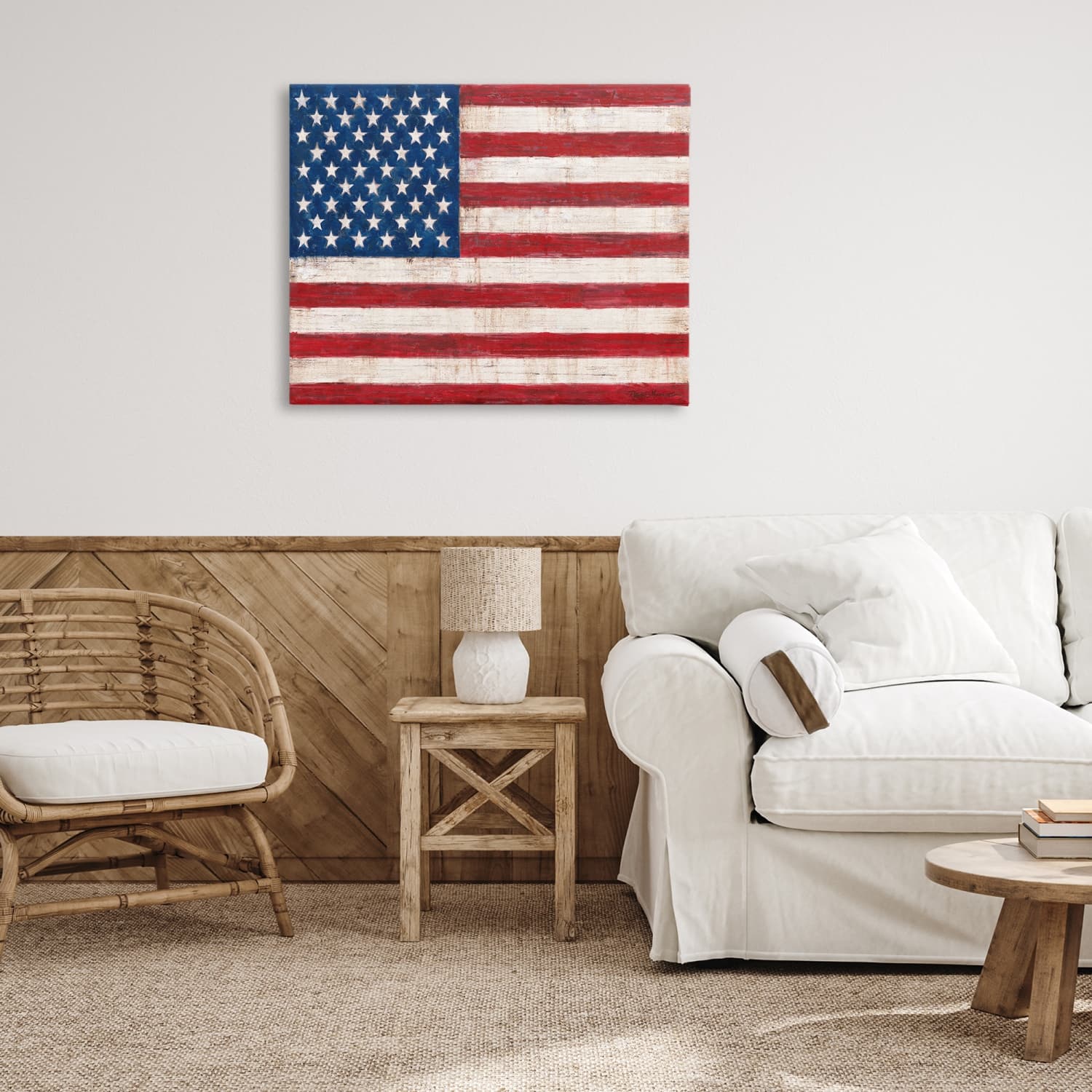 Stupell Industries Rustic American Flag Red White Blue Distressed Pattern Canvas Wall Art