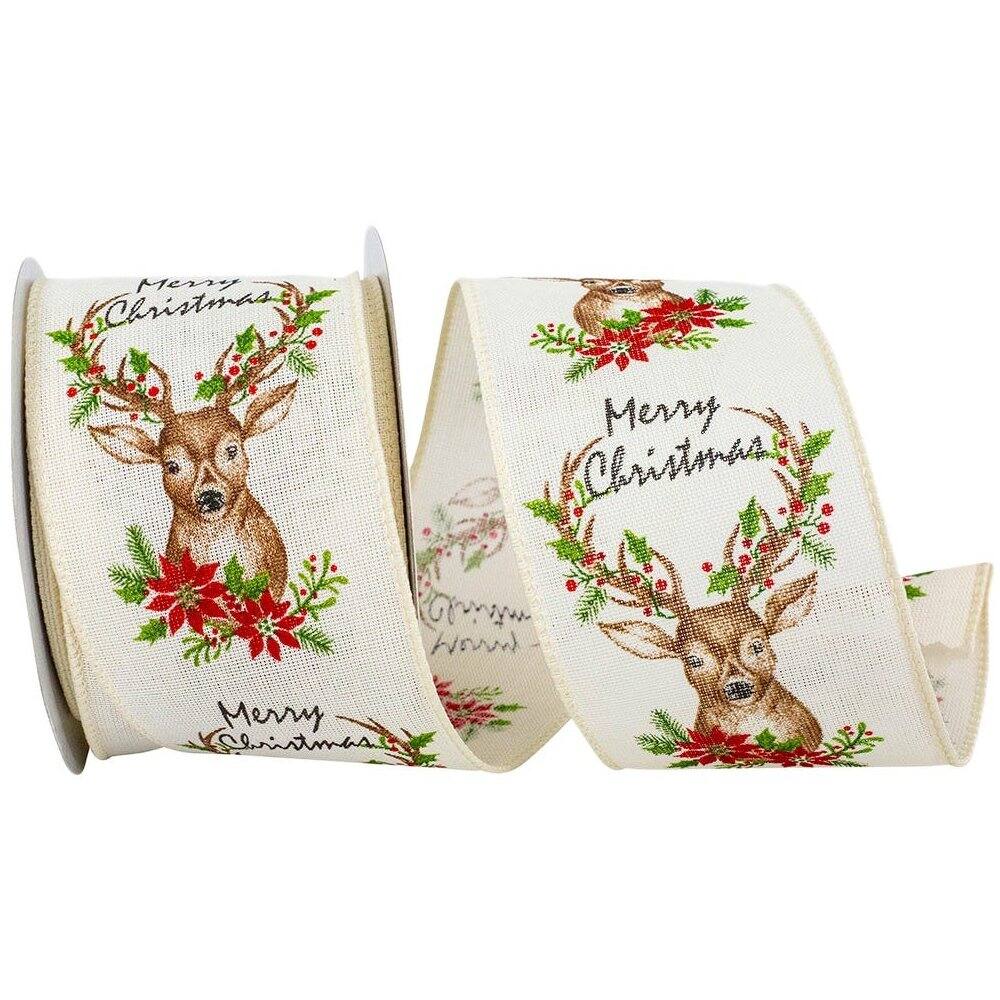 JAM Paper 2.5" x 10yd. Ivory Deer Sincere Merry Christmas Linen Wired Edge Ribbon