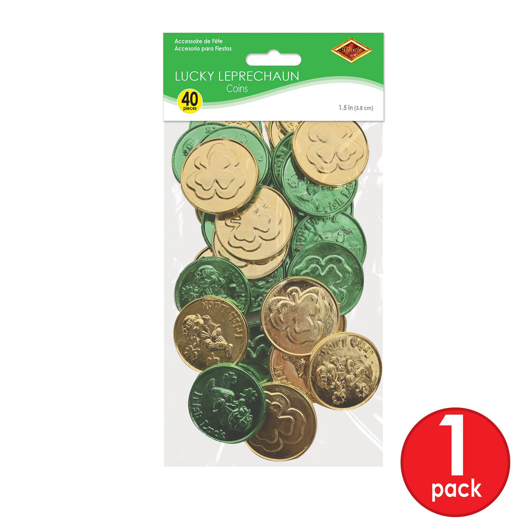 Besitle 1.5" Green & Gold Plastic Lucky Leprechaun & Shamrock Coins, 40ct.
