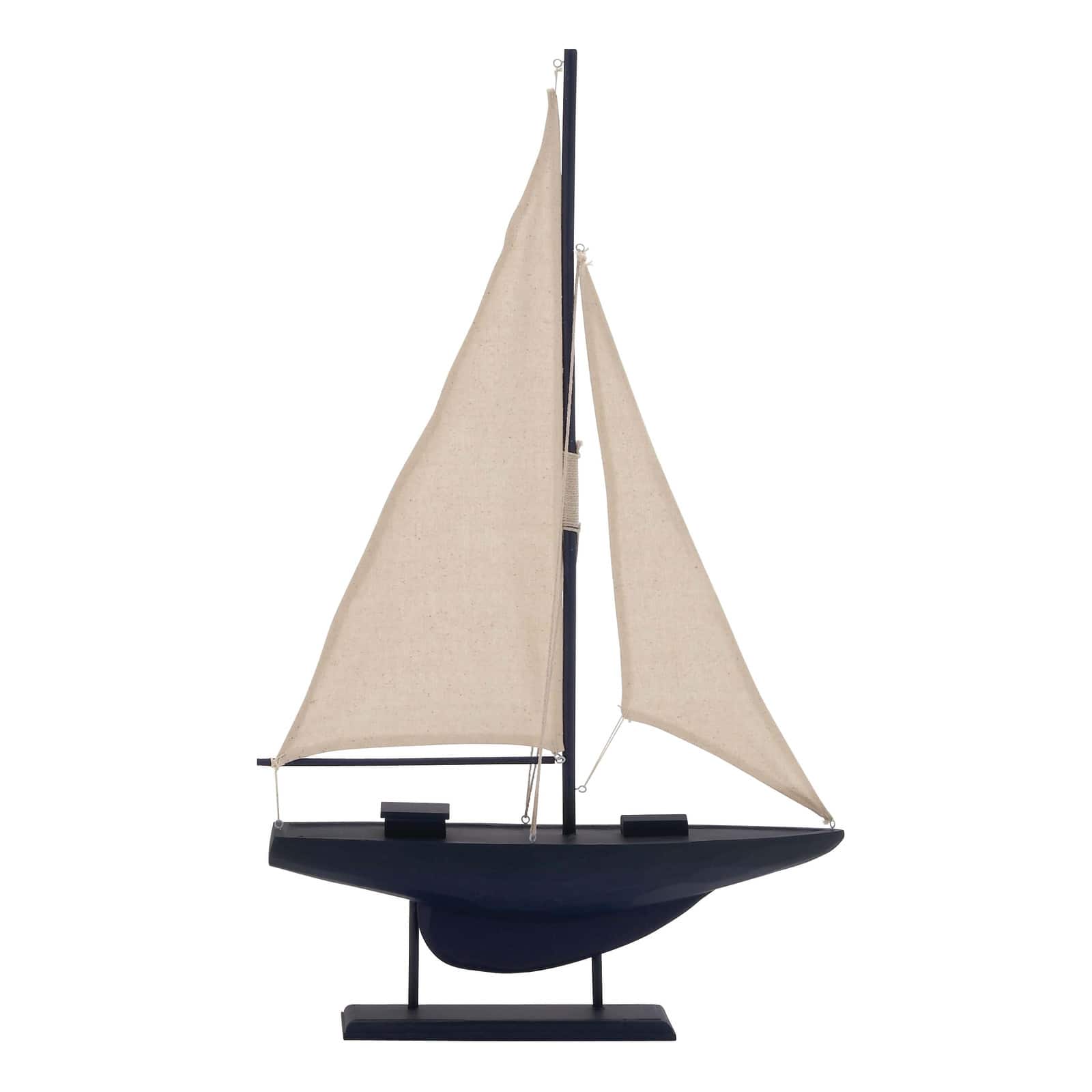 Coastal Dark Blue Wooden Sailboat Sculpture, 28" x 17" x 3"