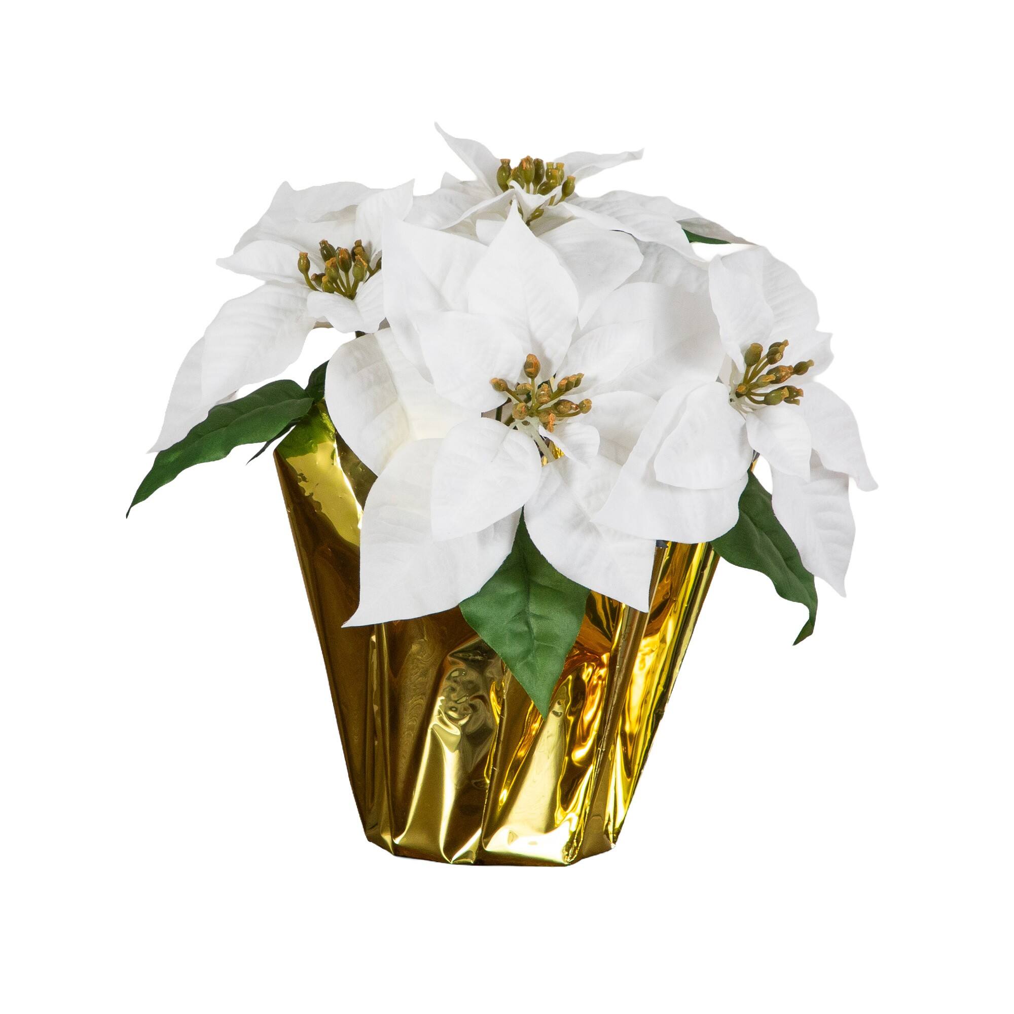 Nearly Natural 13" White Artificial Velvet Poinsettia Arrangement in Gold Wrapped Planter