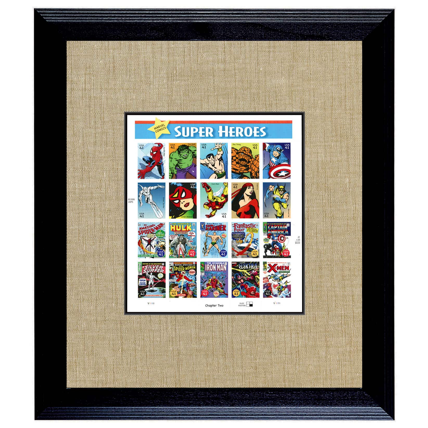 Super Heroes U.S. Stamp Sheet in 16" x 14" Wood Frame