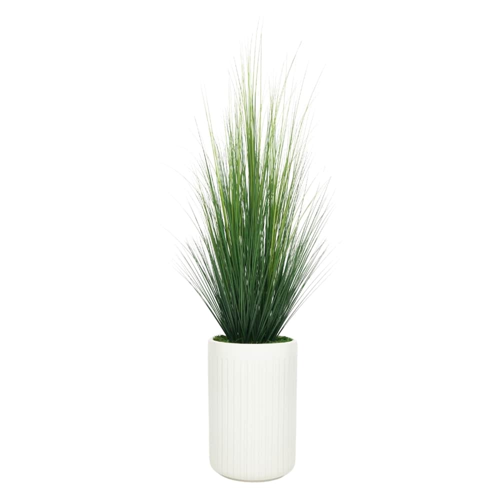 House of Silk Flowers 6ft. Artificial Onion Grass in Stone Wash White Thin Ribbed Ceramic Cylinder