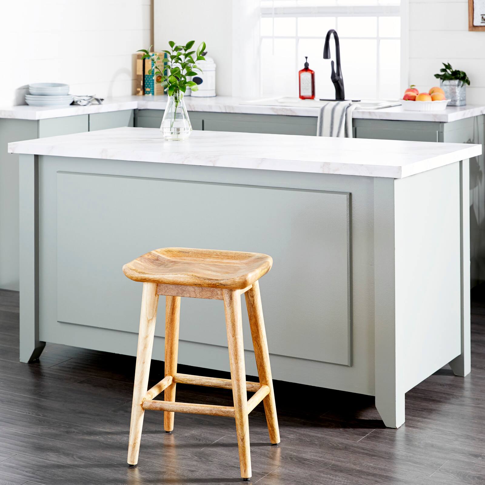 Brown Wood Contemporary Stool, 24" x 17" x 14"