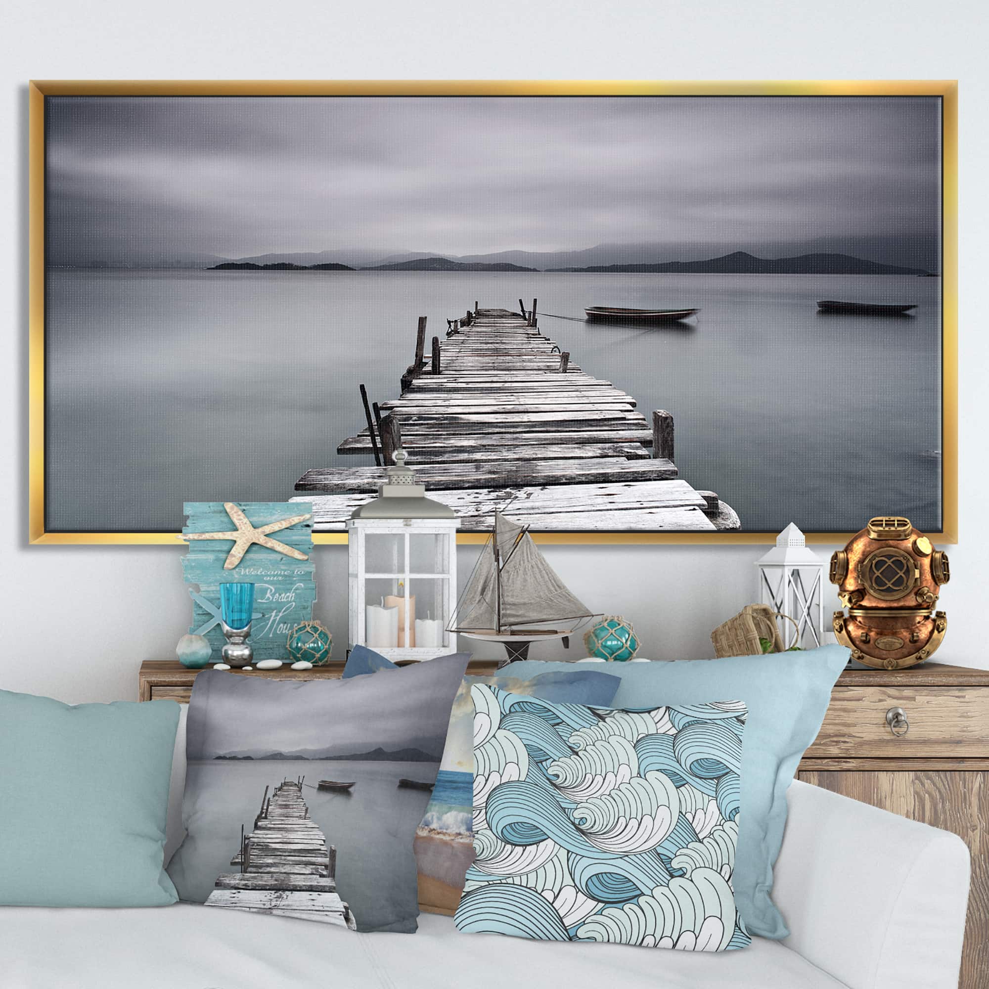 Designart - Pier and Boats at Seashore - Large Bridge Framed Canvas Art Print