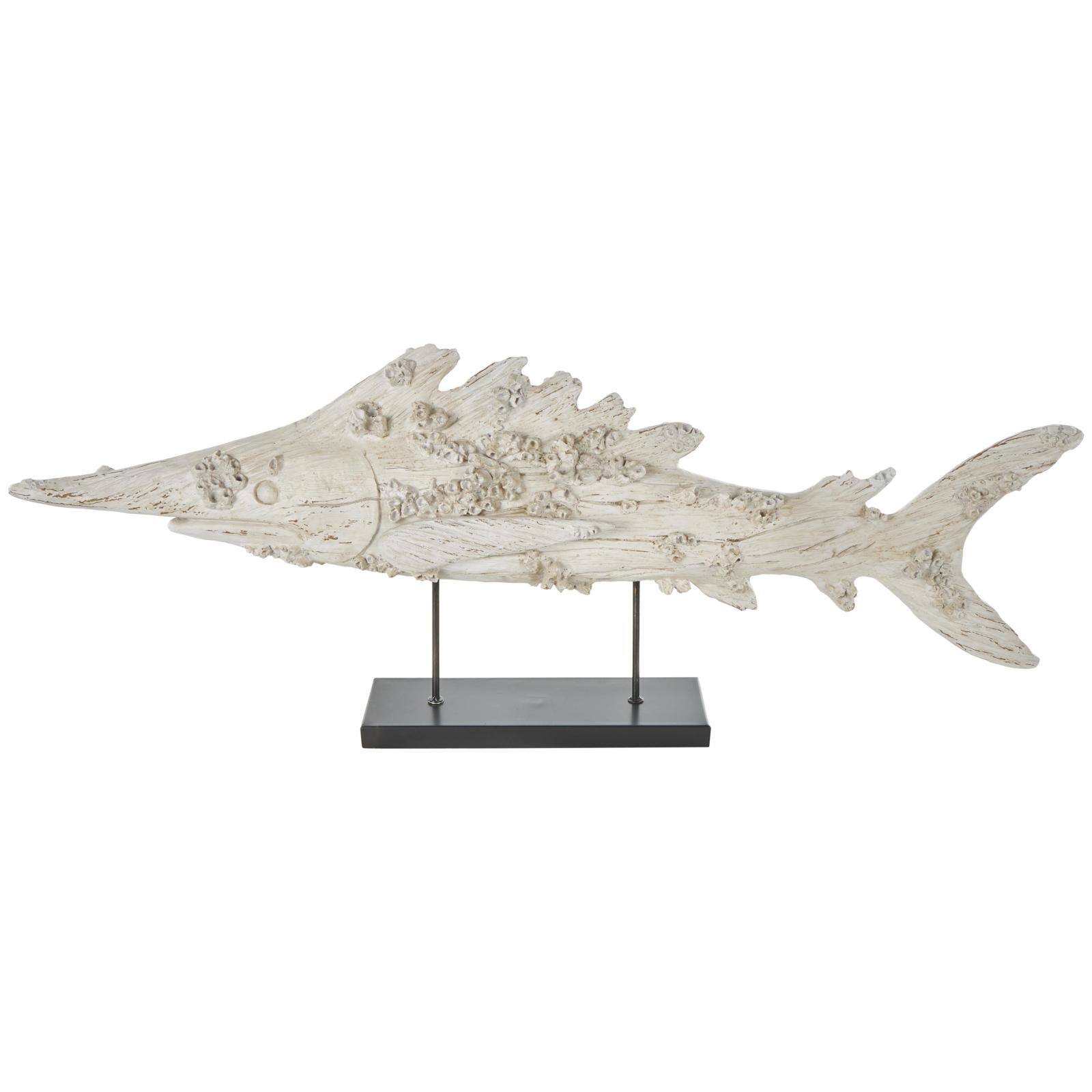 43.5" Cream Polystone Fish Textured Sculpture with Brown Distressing & Black Metal Stand
