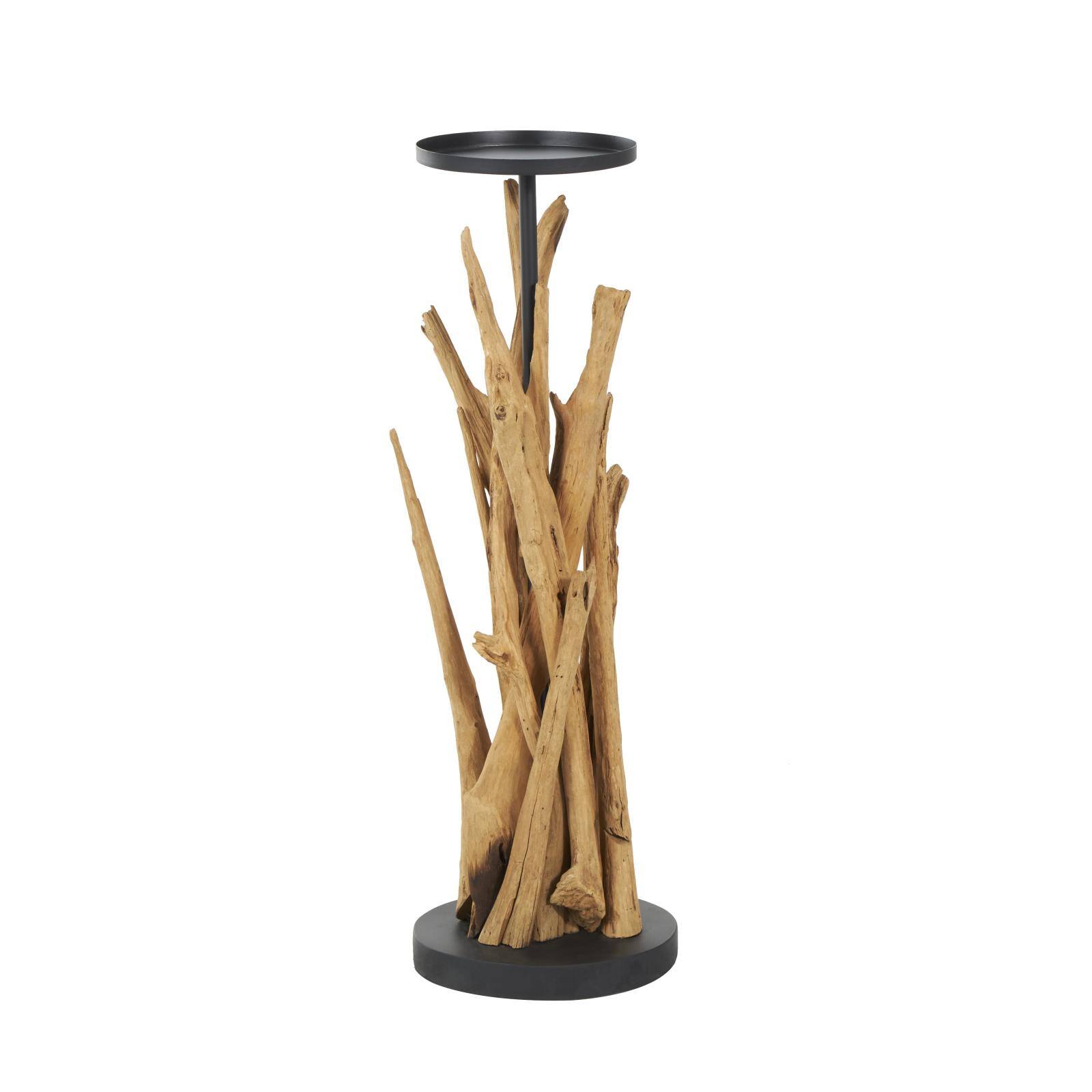 31" Brown Teak Wood Handmade Tall Tree Branch Floor Candle Holder with Black Metal Accents