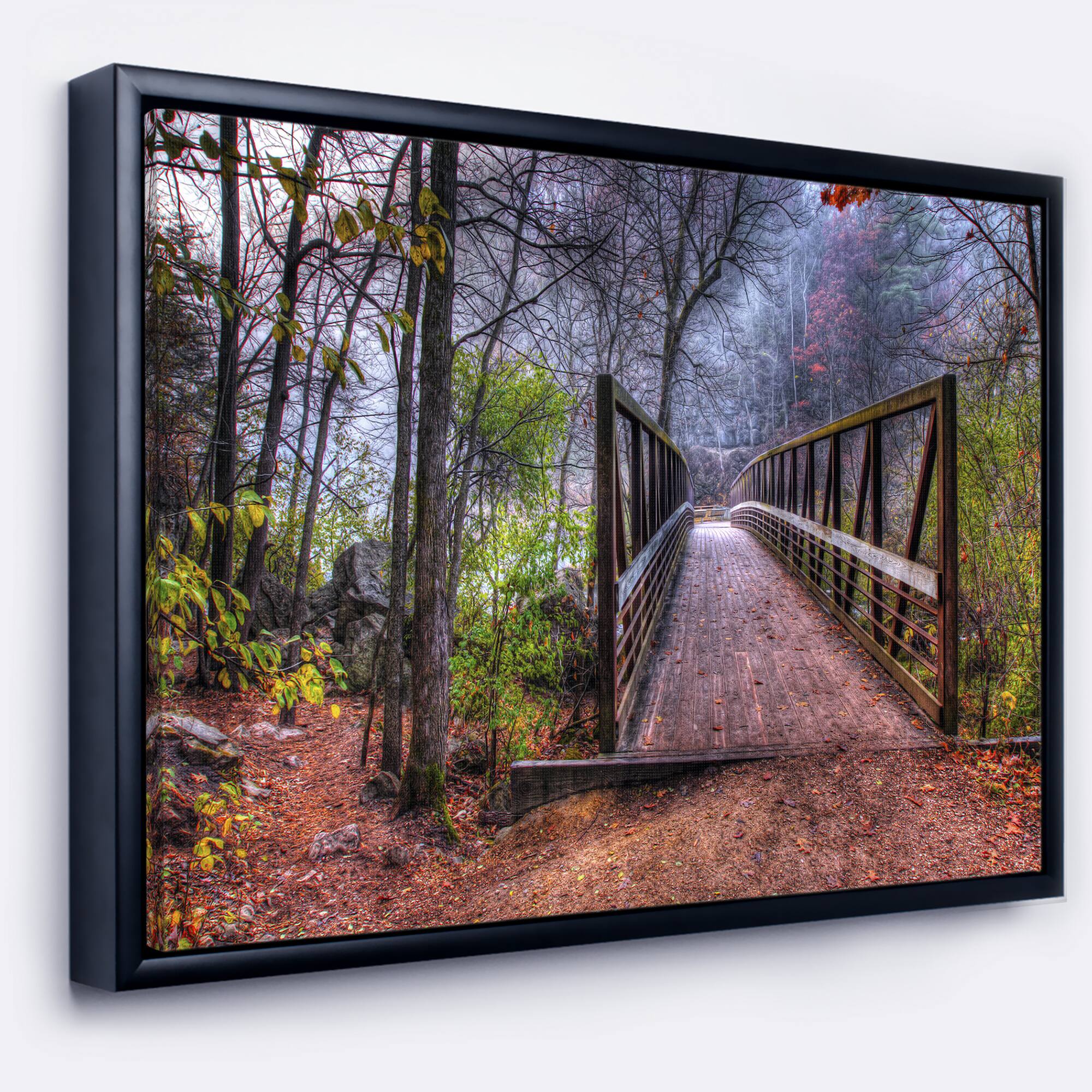 Designart - Beautiful Bridge Over Creek - Landscape Photo Canvas Art Print in Black Frame