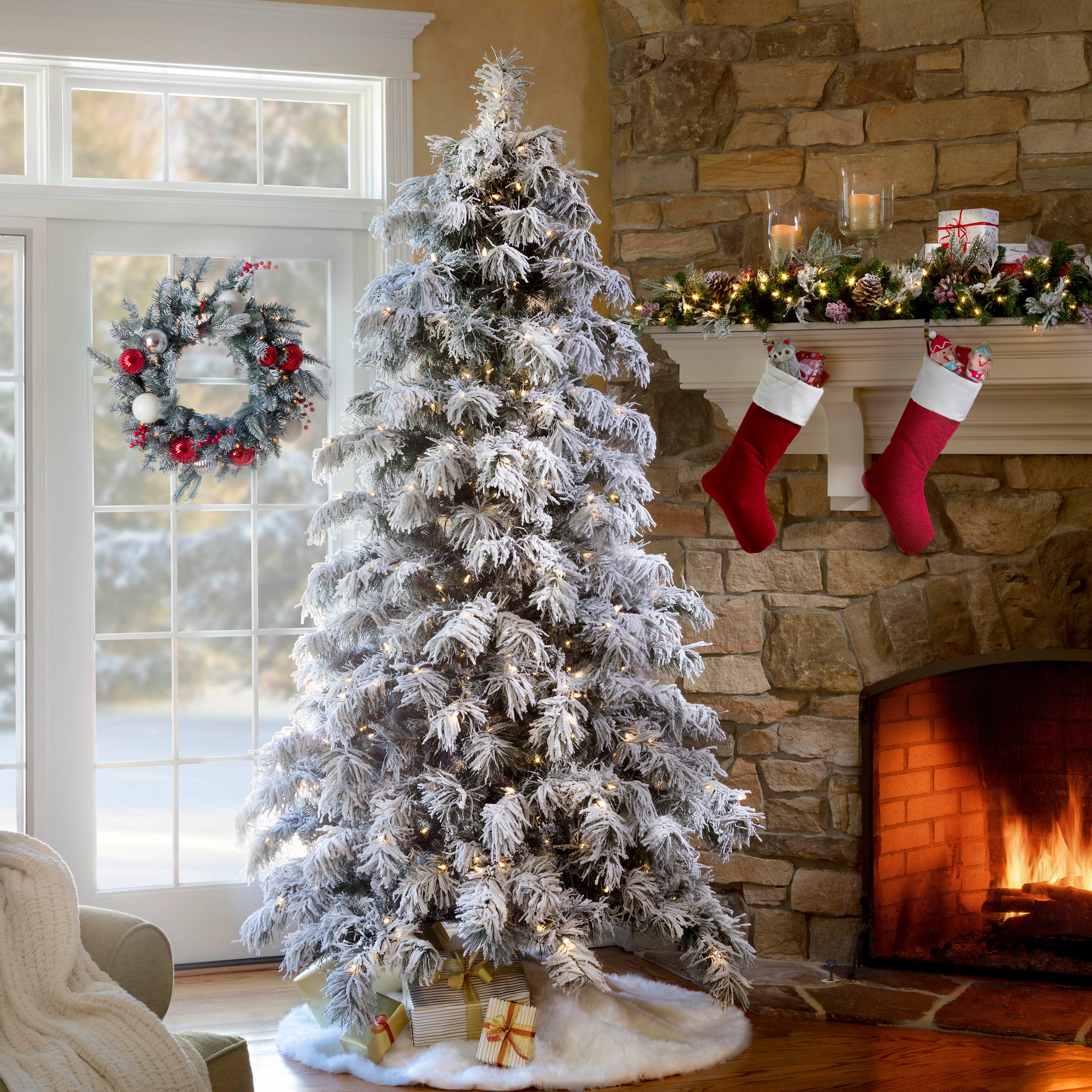 7.5ft. Pre-Lit Flocked Berkshire Snowy Spruce Artificial Christmas Tree, Warm White LED Lights