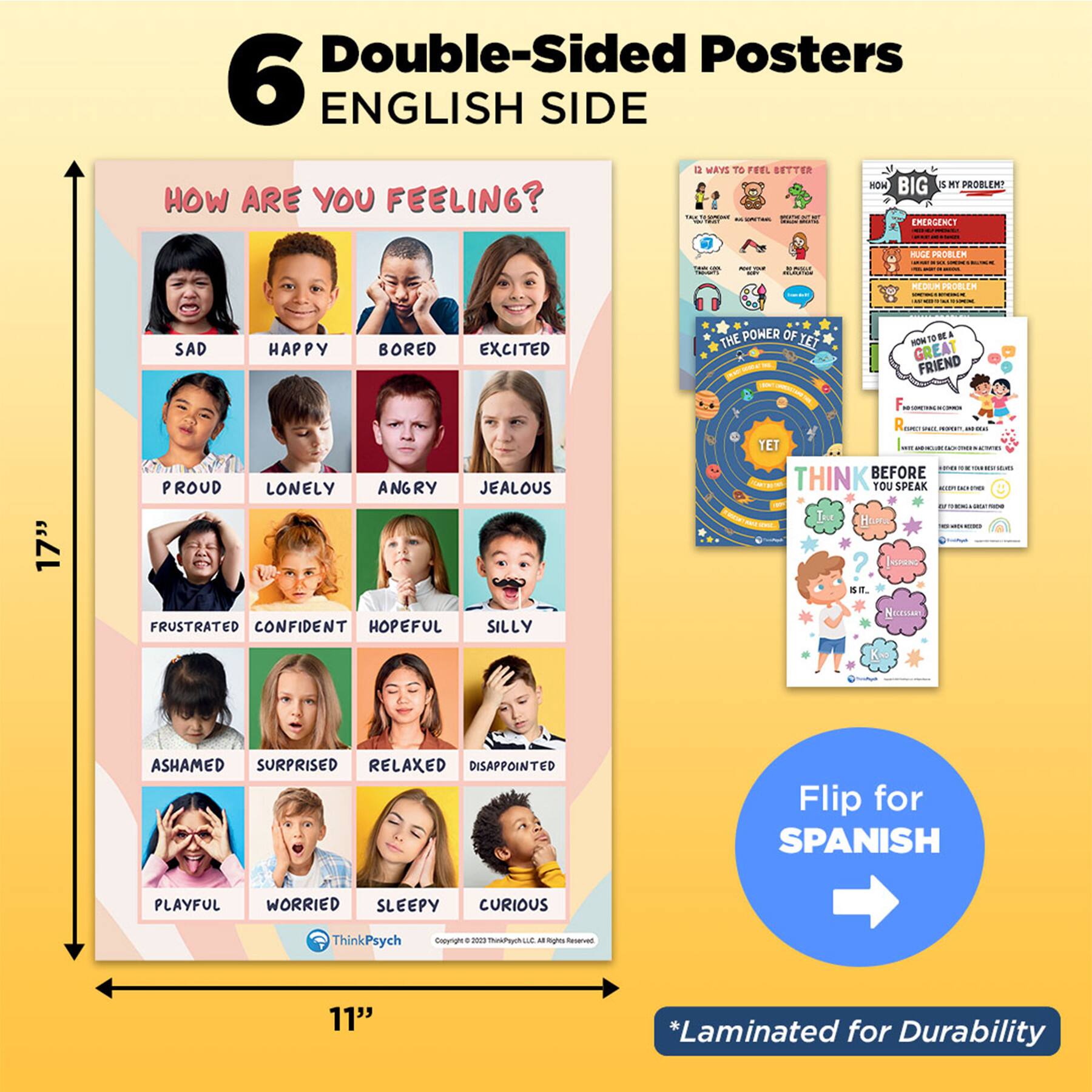 ThinkPsych® 11" x 17" Laminated Feelings & Life Skills Posters Set
