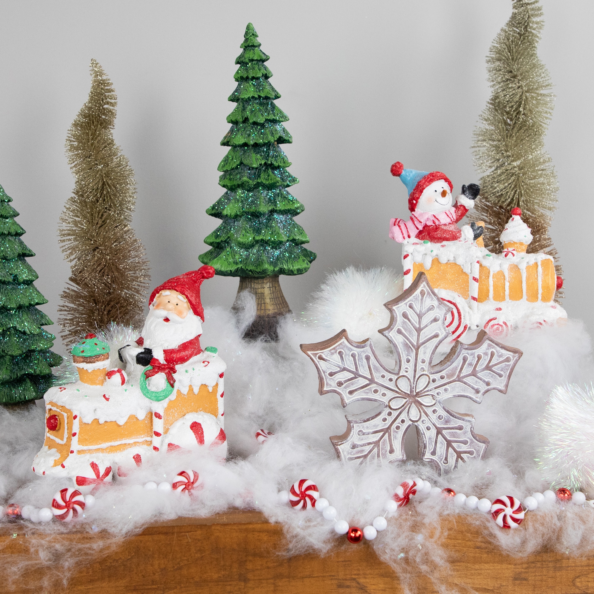 6.75" Santa & Snowman on Gingerbread Trains Christmas Figure Set