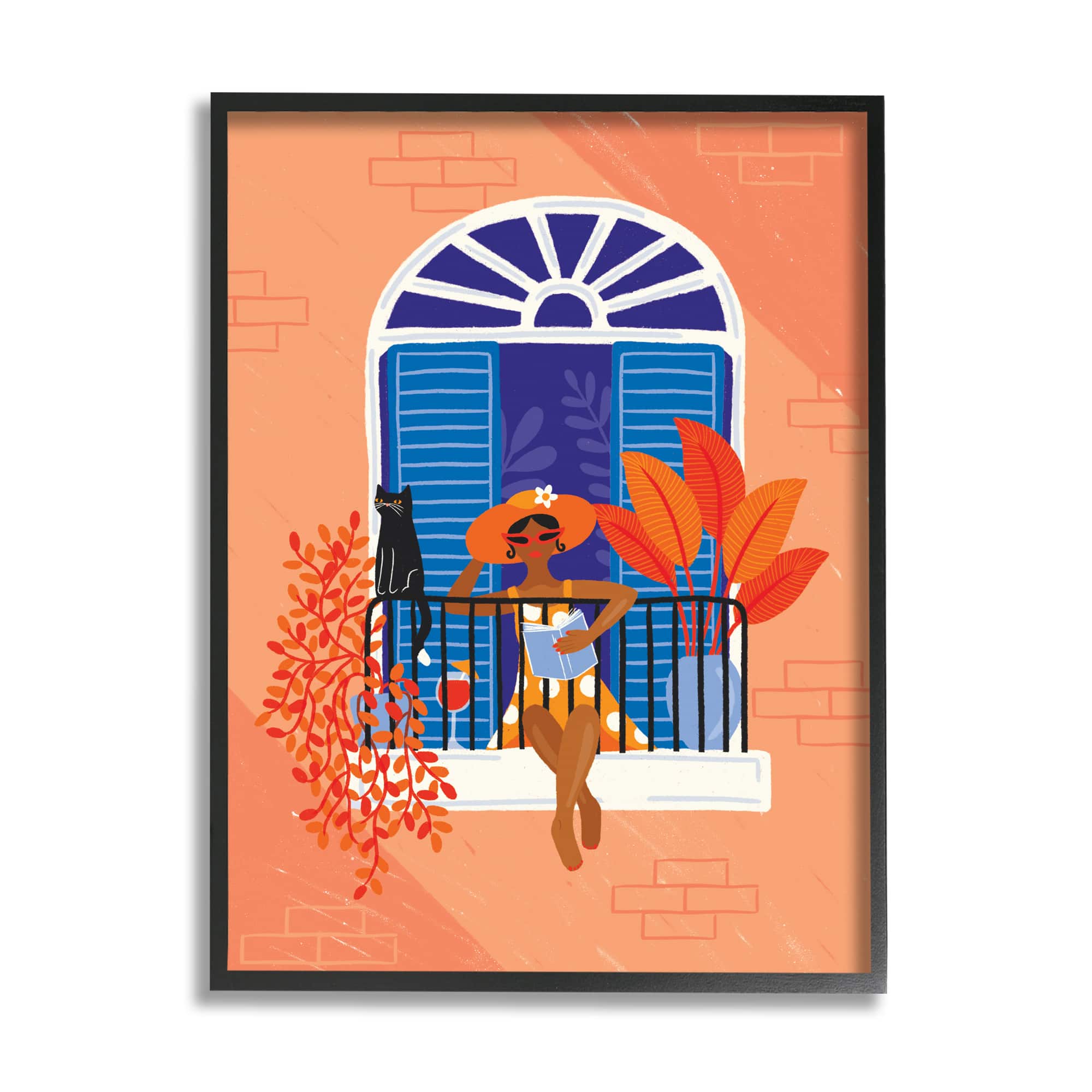 Stupell Industries Woman Reading Balcony Perched Cat Tropical Plants in Frame Wall Art