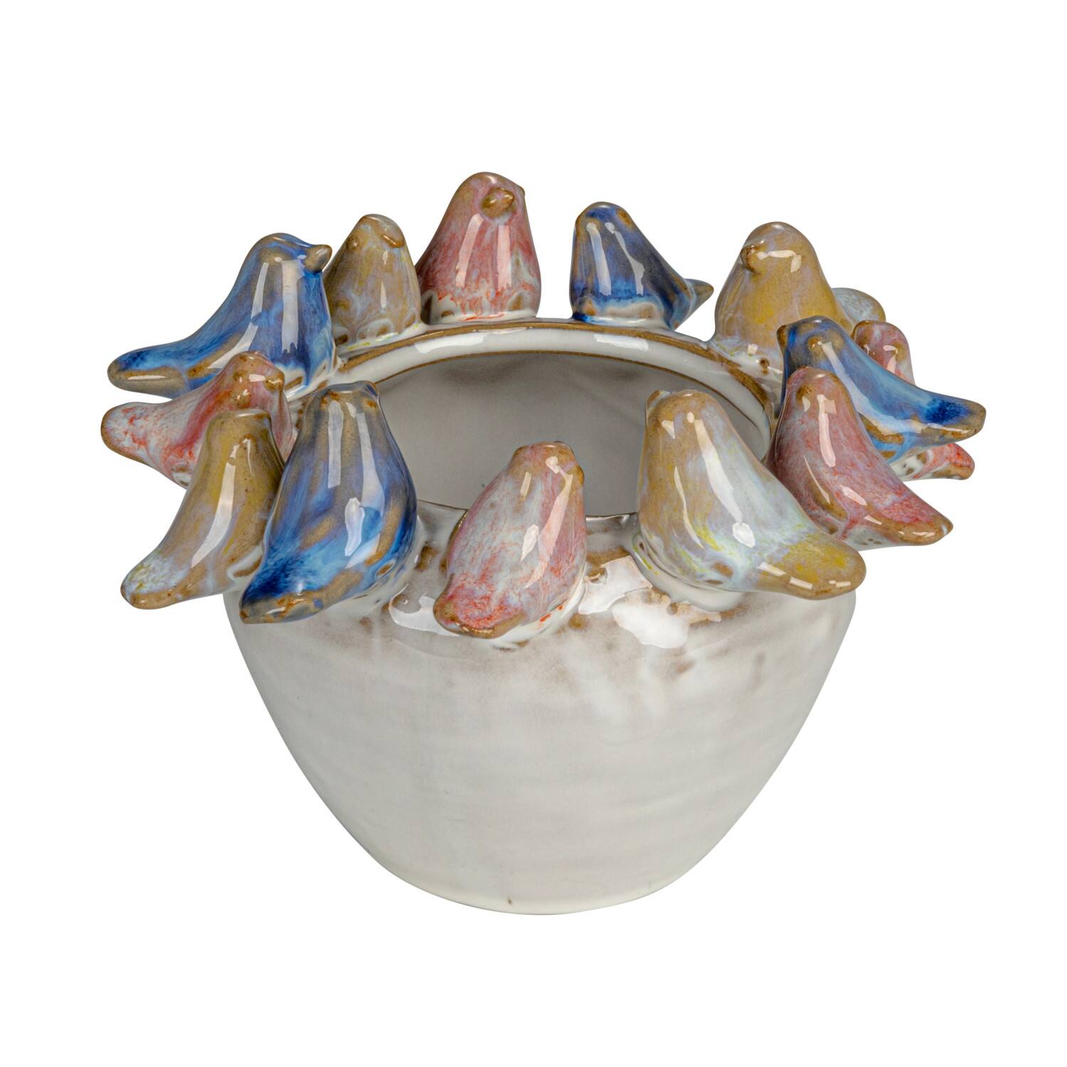 Hello Honey® 5" Multicolor Reactive Glaze Stoneware Planter with Birds on Rim