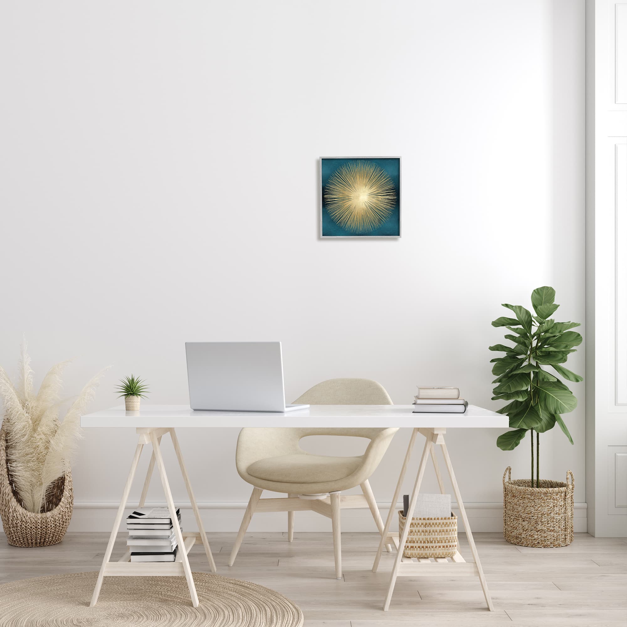 Stupell Industries Abstract Deco Sunburst Shape Over Dark Blue in Gray Frame Wall Art