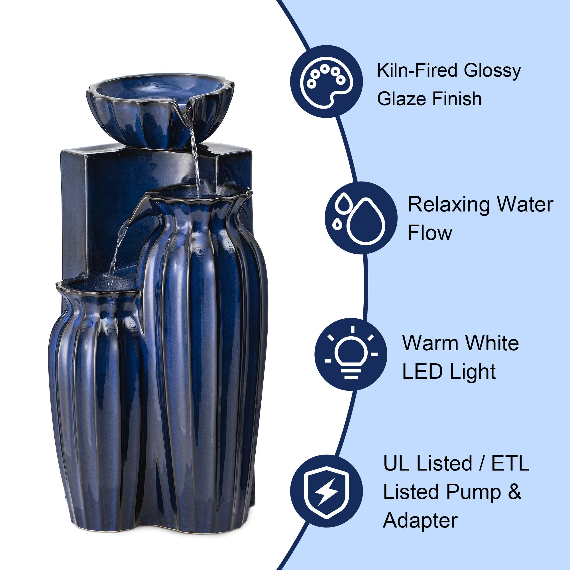 Glitzhome® 26.75" 3-Tier LED Fluted Textured Ceramic Outdoor Floor Fountain