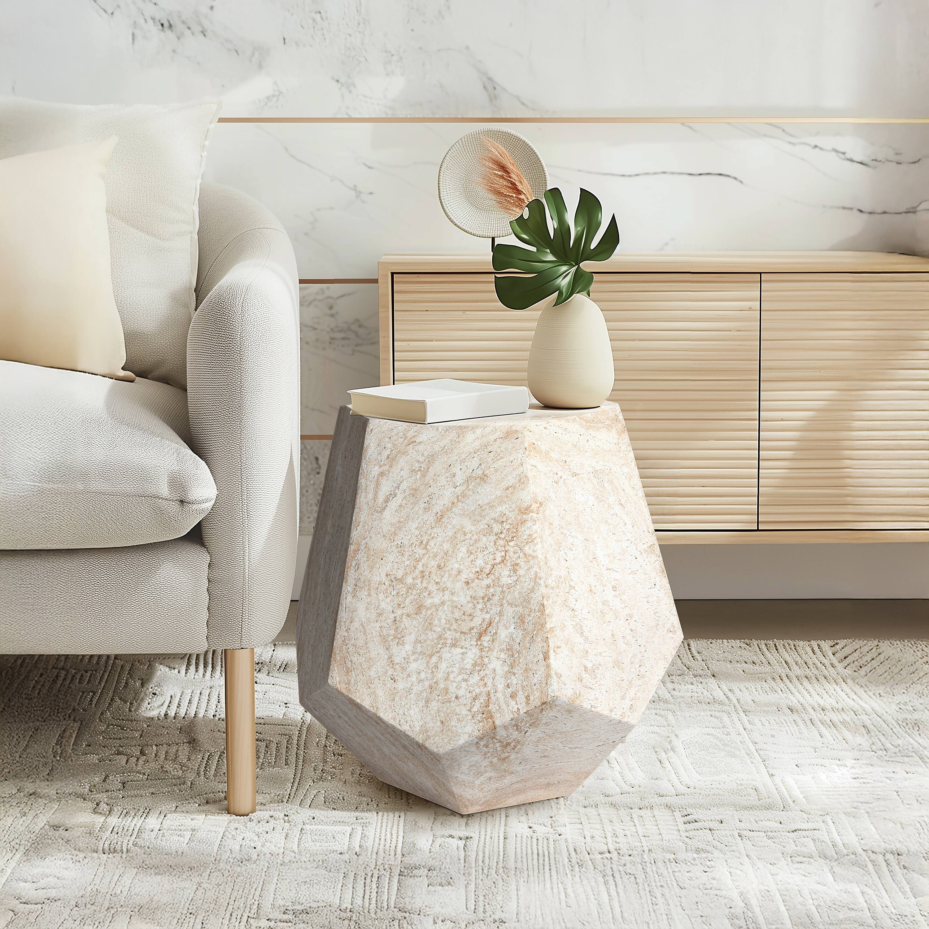 Empire Art Direct 20" Hexagonal Travertine Stone Finish MGO Side Accent Table