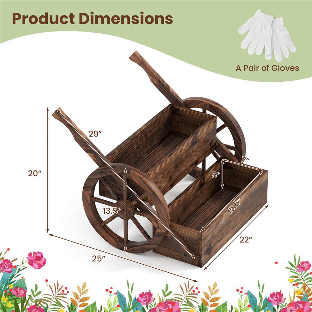 Costway 2-Tier Rustic Wood Wagon Planter with Wheels Handles & Drainage