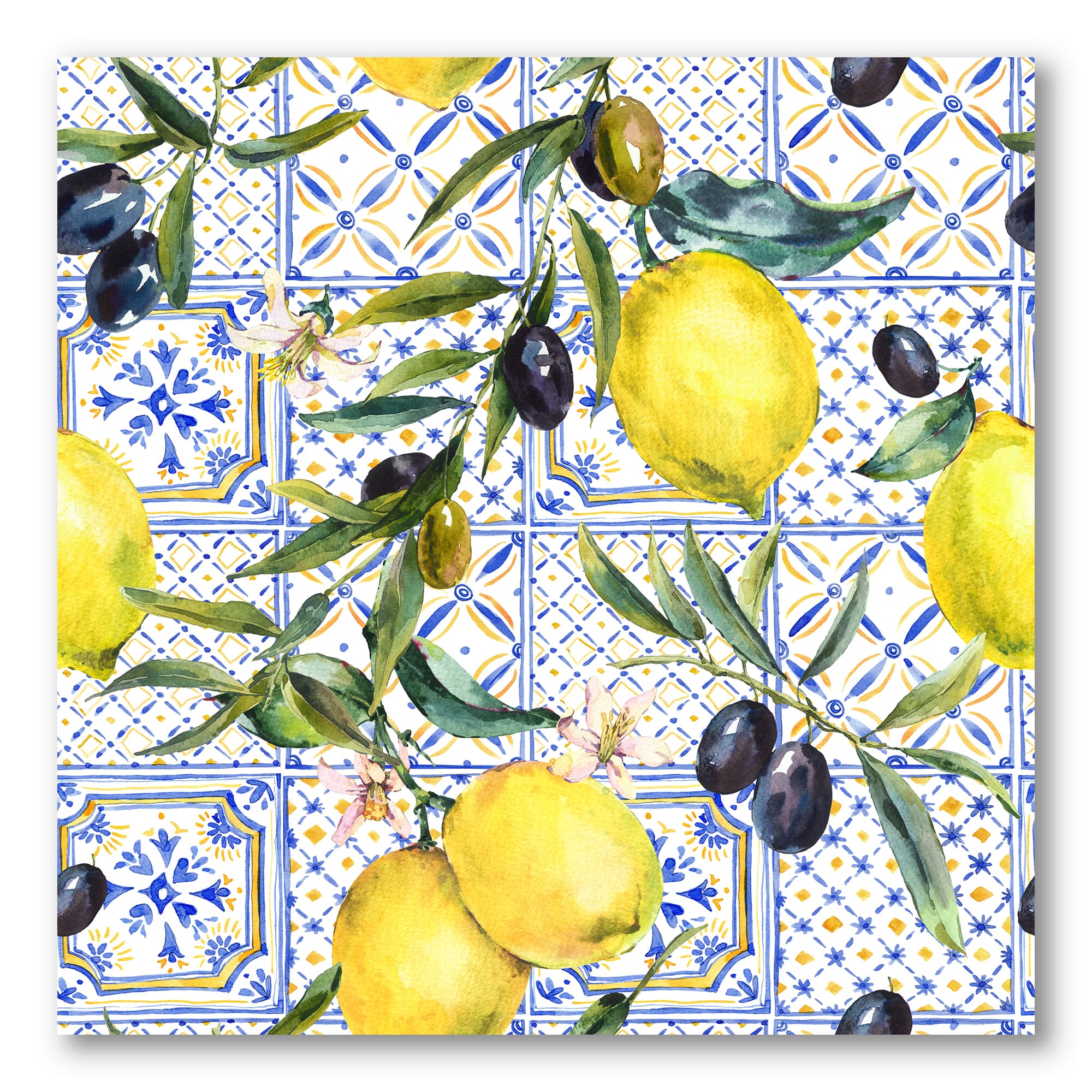 Designart - Lemon Ornament On Blue Geometrical Pattern III - Tropical Canvas Wall Art Print