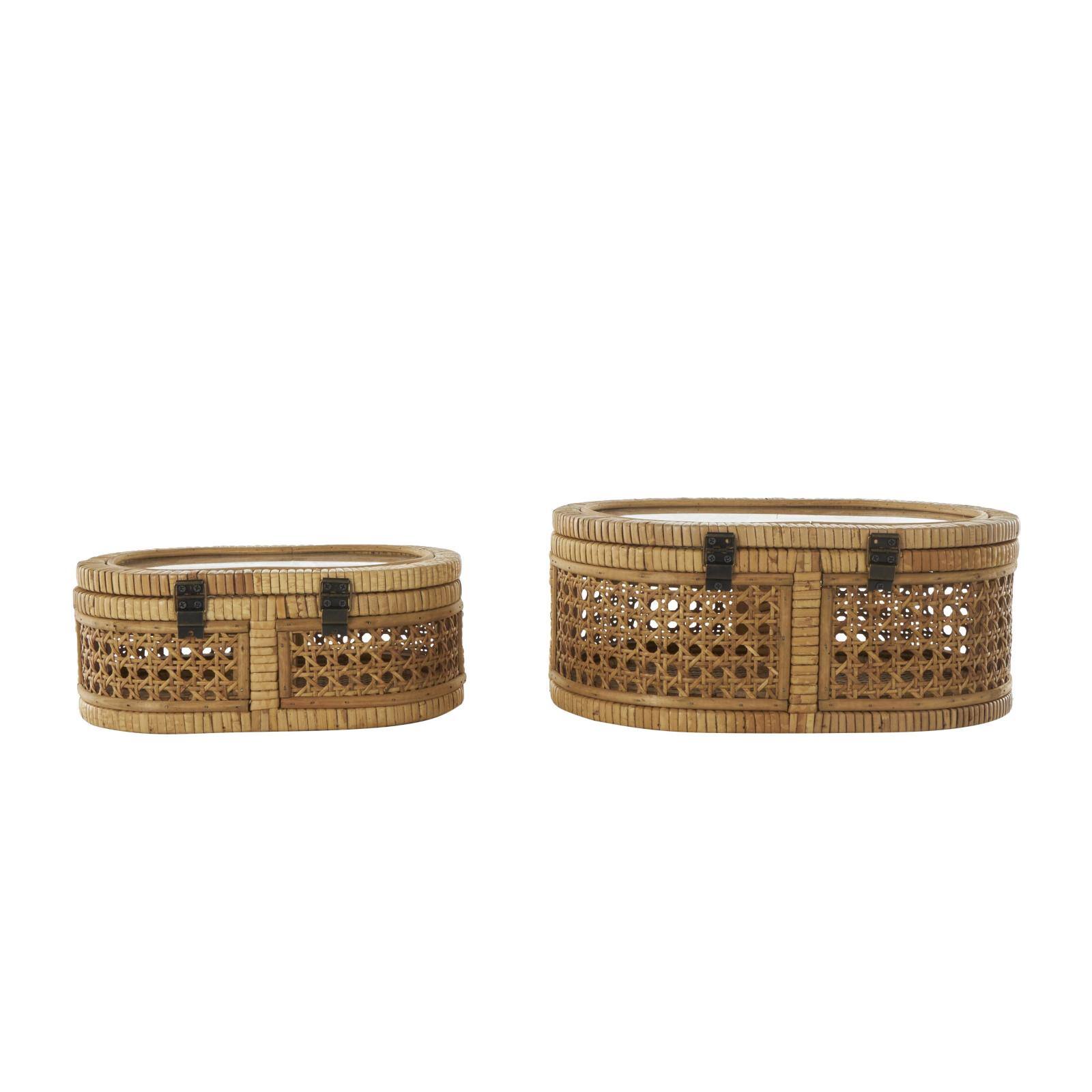 Brown Oval Rattan Storage Box Set with Pane Panels & Glass Tops