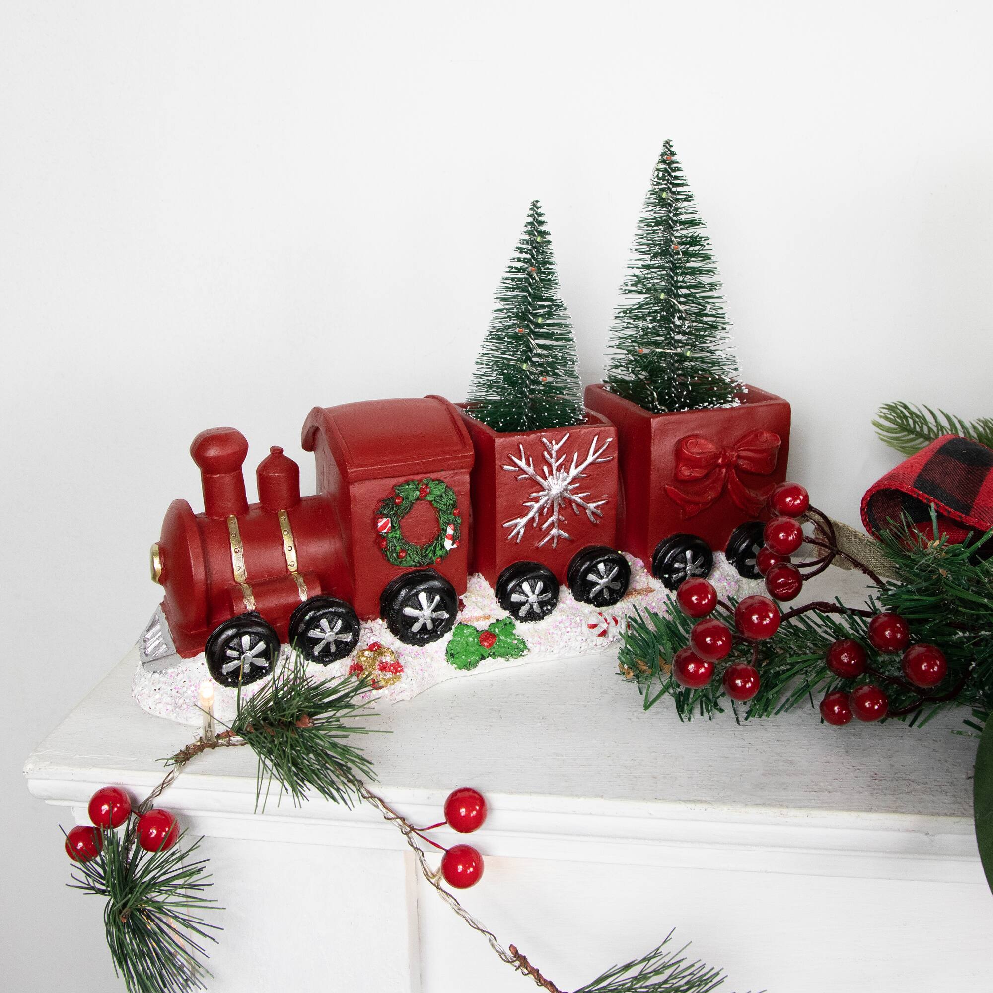 12'' Red and Gold Christmas Train with LED Lighted Frosted Trees Tabletop Decoration