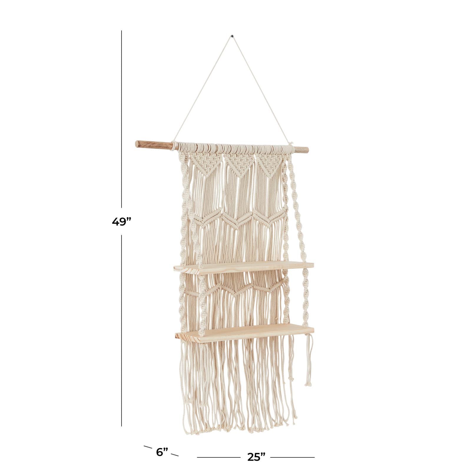 White Cotton Handmade 2 Shelves Macrame Wall Shelf 25" x 6" x 49"
