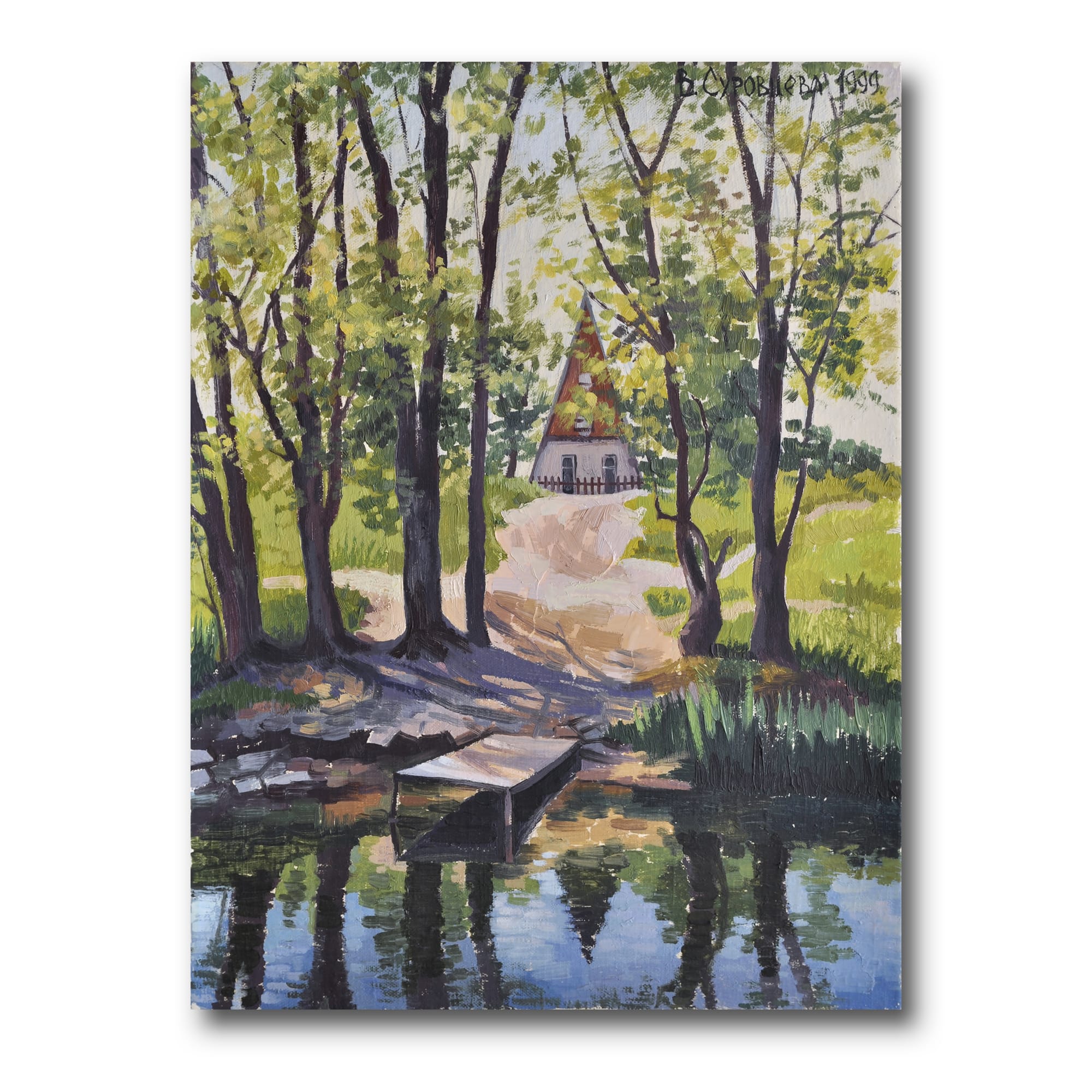 Designart - Mysterious House By The River In The Woods - Lake House Canvas Wall Art Print