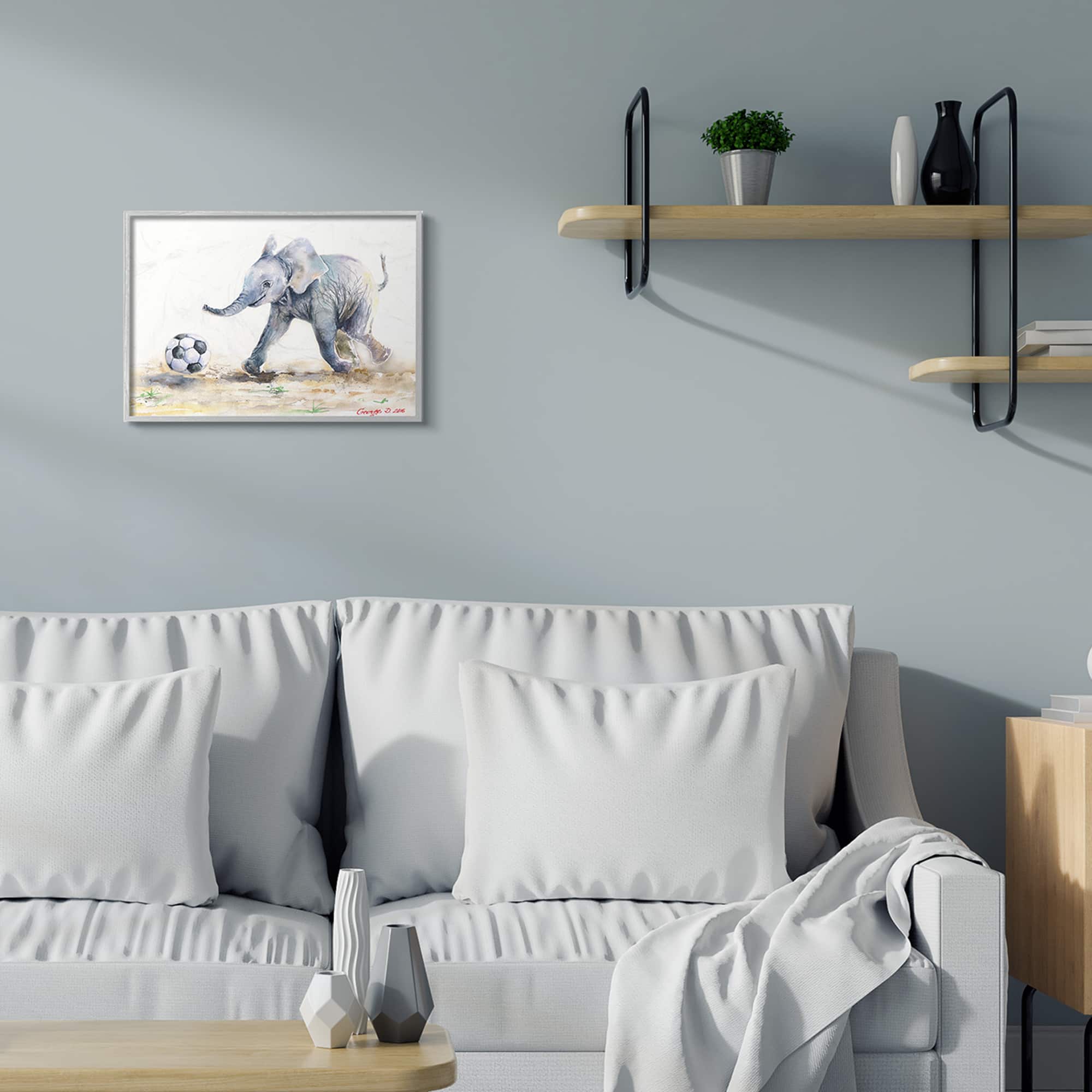 Stupell Industries Elephant Baby Playing Soccer Adorable Jungle Animal in Gray Frame Wall Art