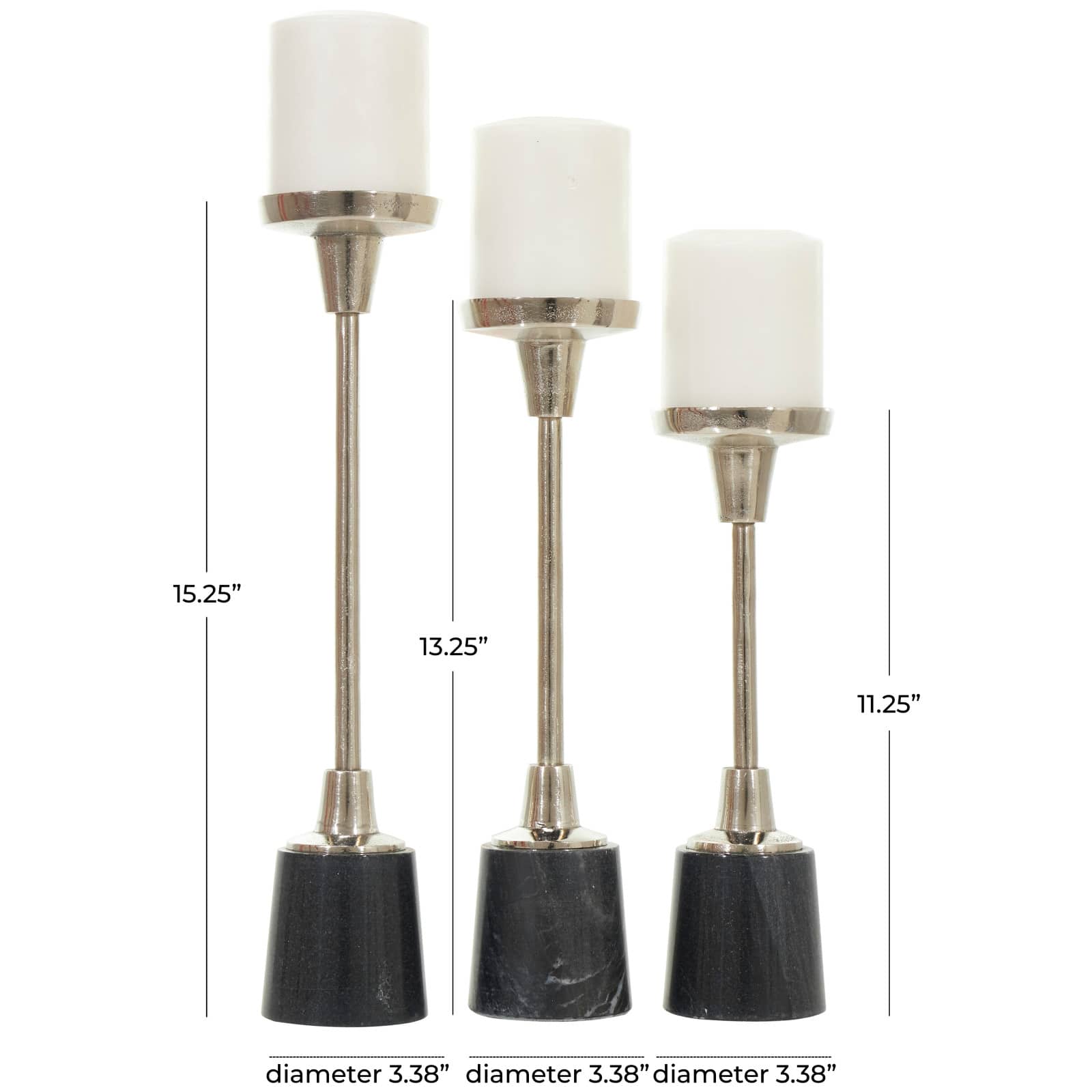Silver Metal Slim Candle Holder with Black Marble Base Set