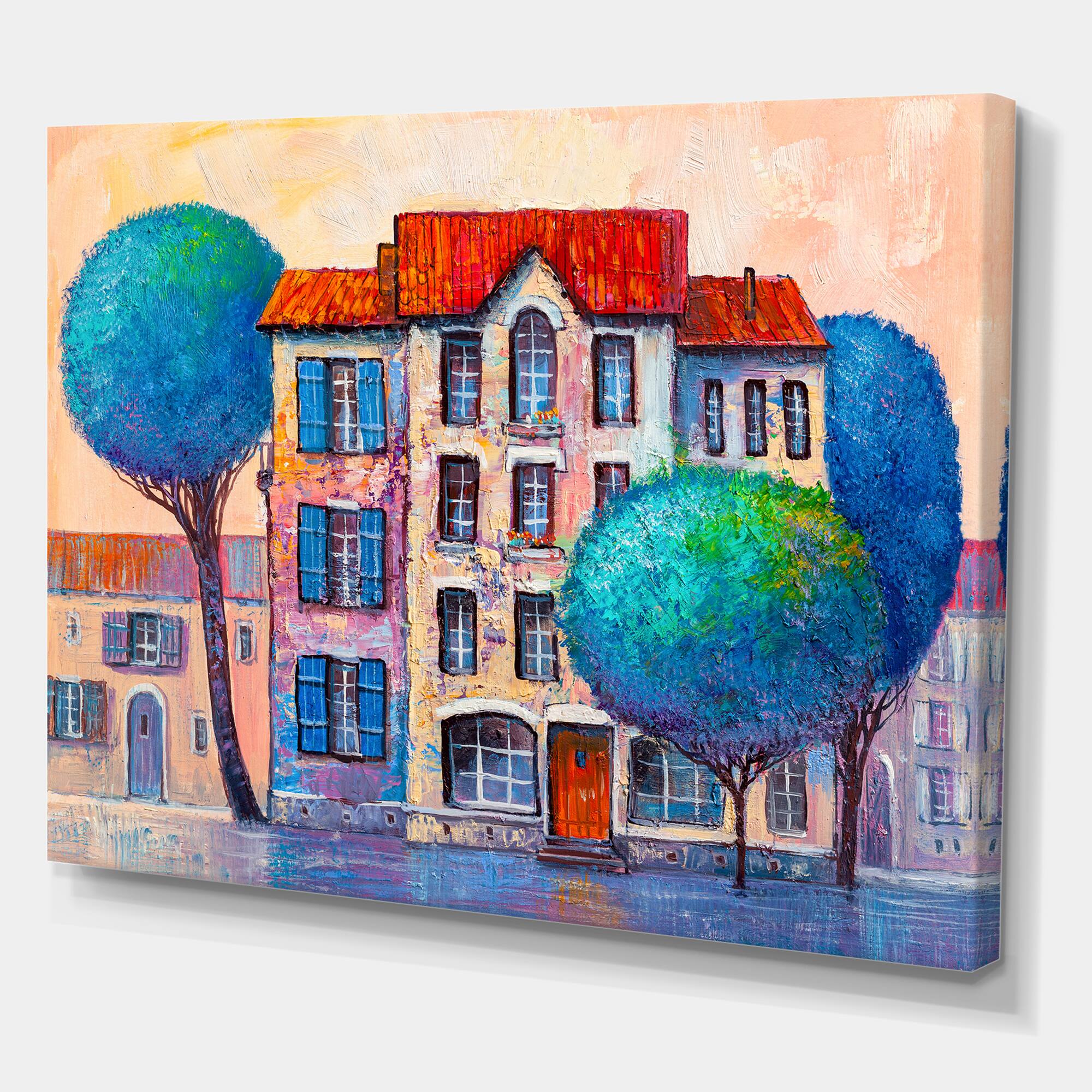 Designart - House With Red Roof and Colorful Autumn Trees - Modern Canvas Wall Art Print