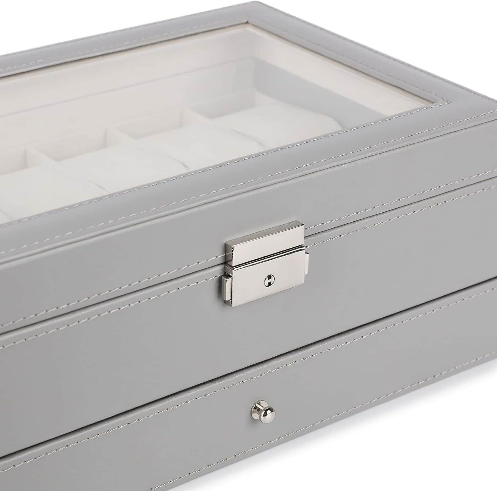 NEX™ Gray Double Layer Leather Watch Box with Glass Top