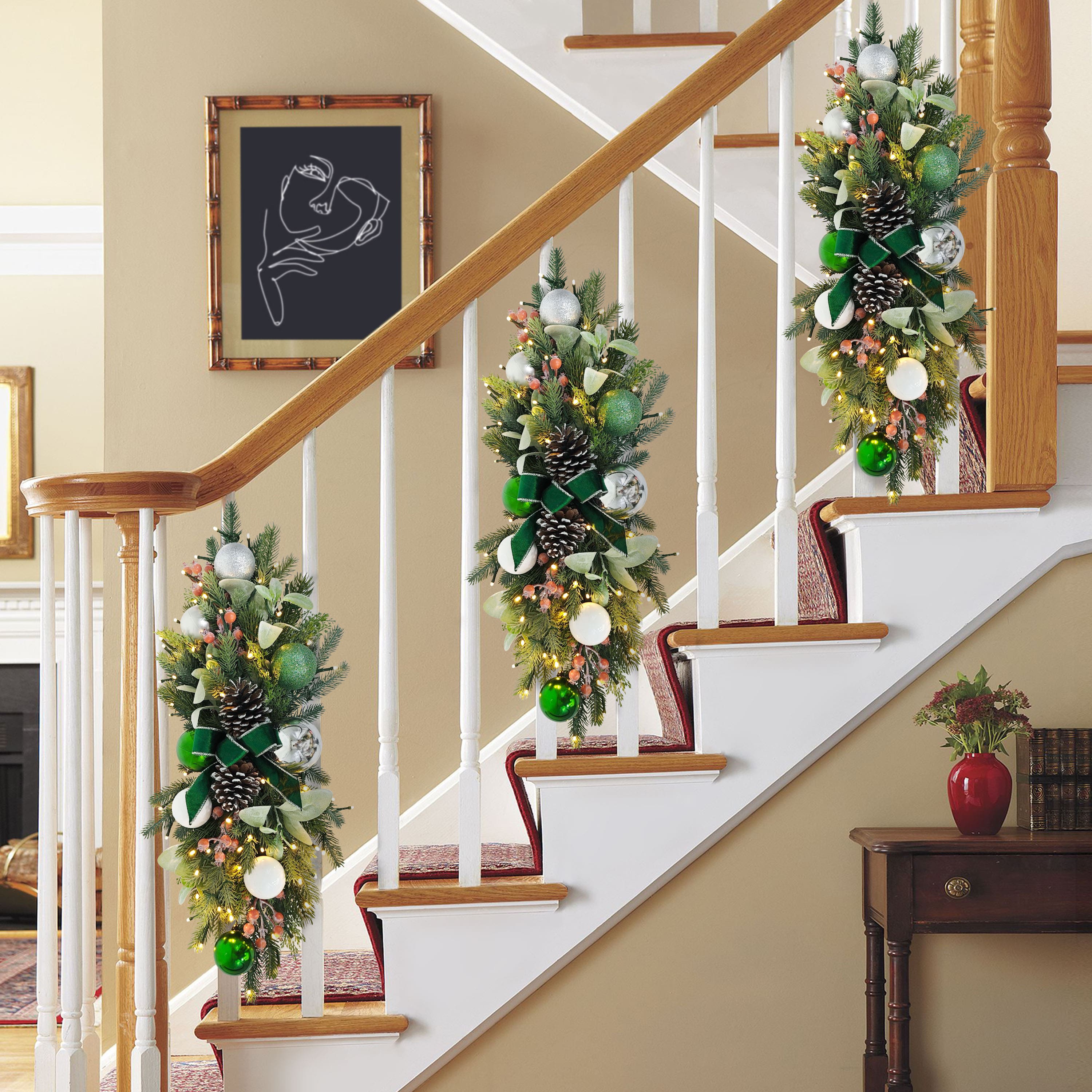 28" Pre-Lit Green & Silver Adorned Artificial Swag with Pinecones & Berries