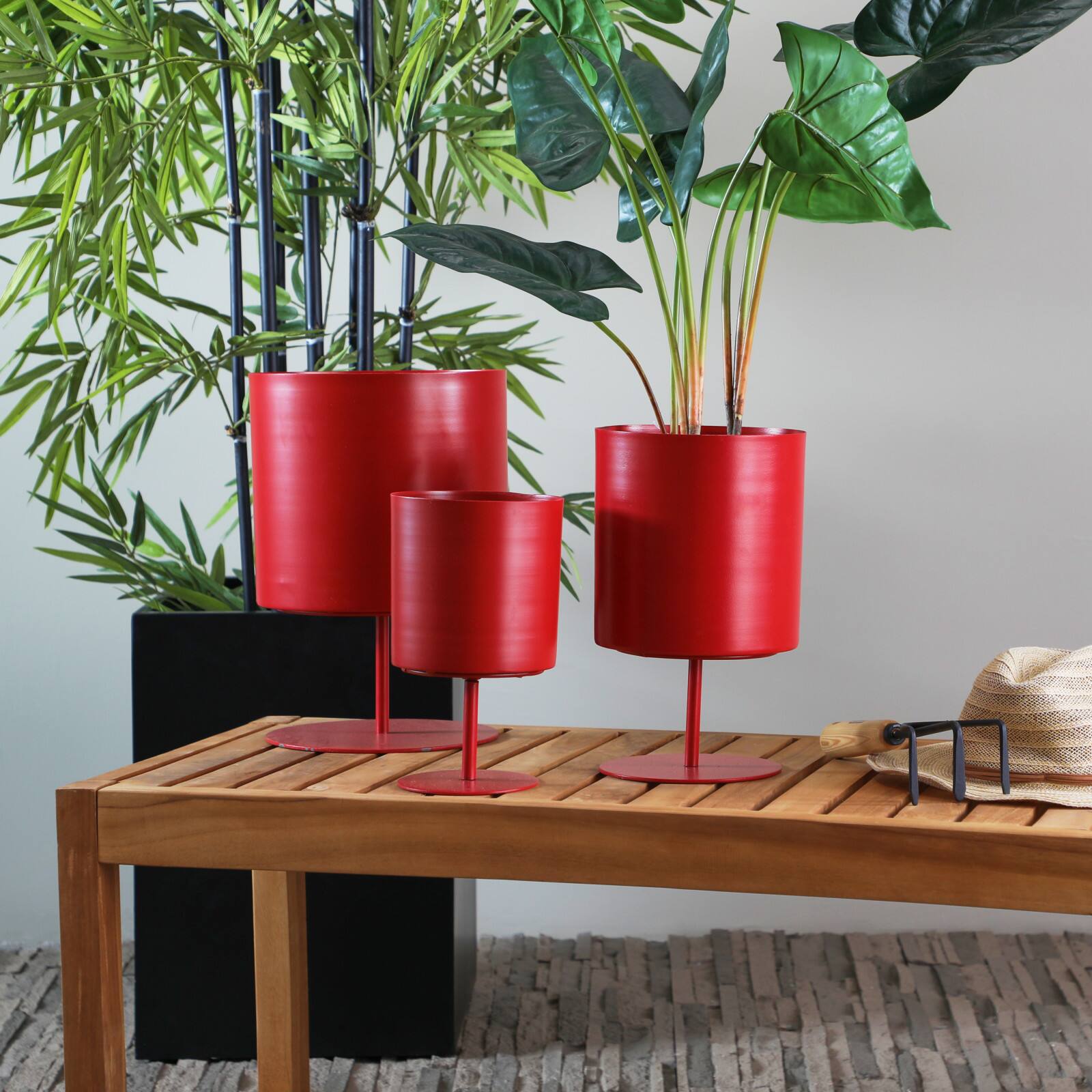 Red Metal Planter with Pedestal Base Set