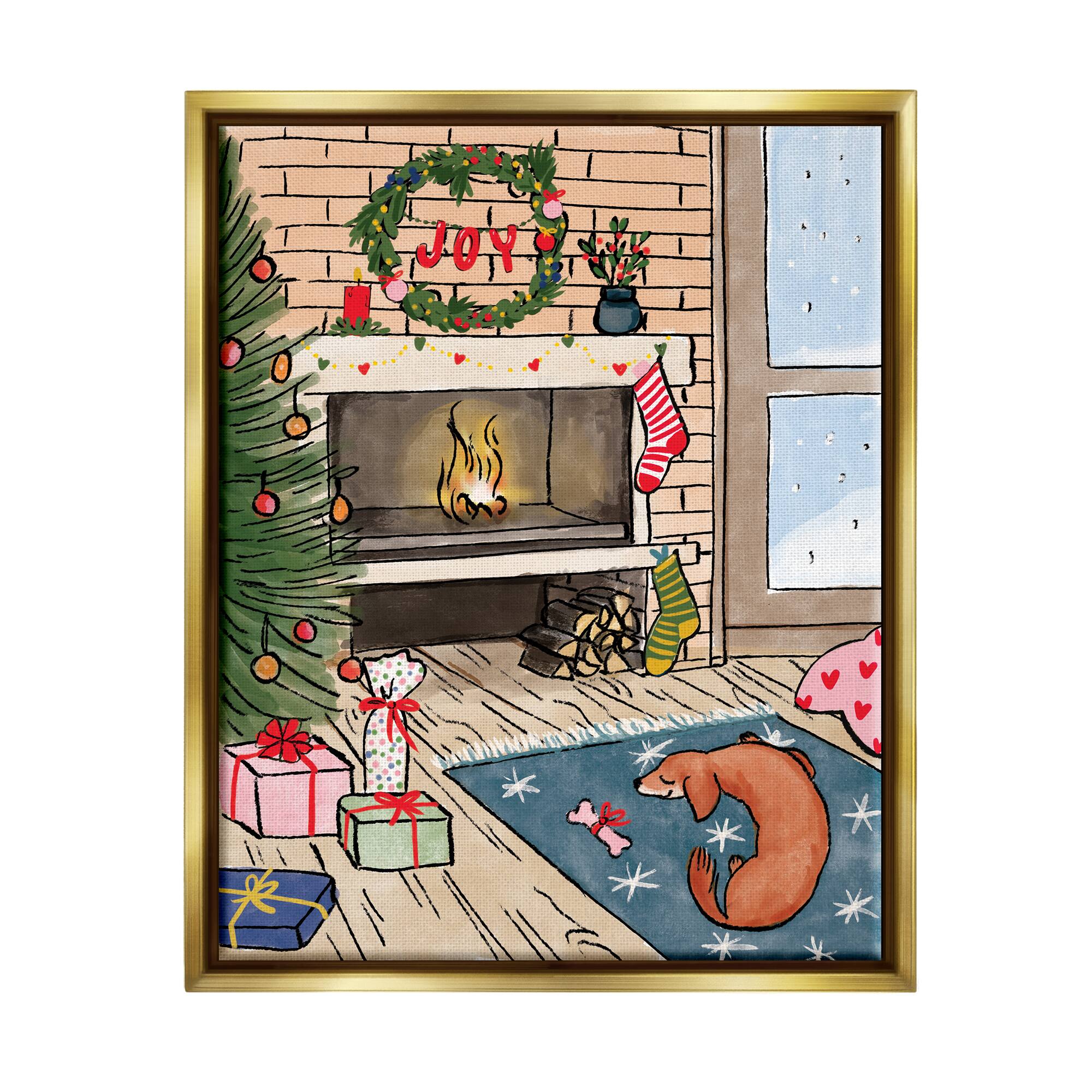Stupell Industries Cozy Christmas Fireplace Tree Framed Floater Canvas Wall Art