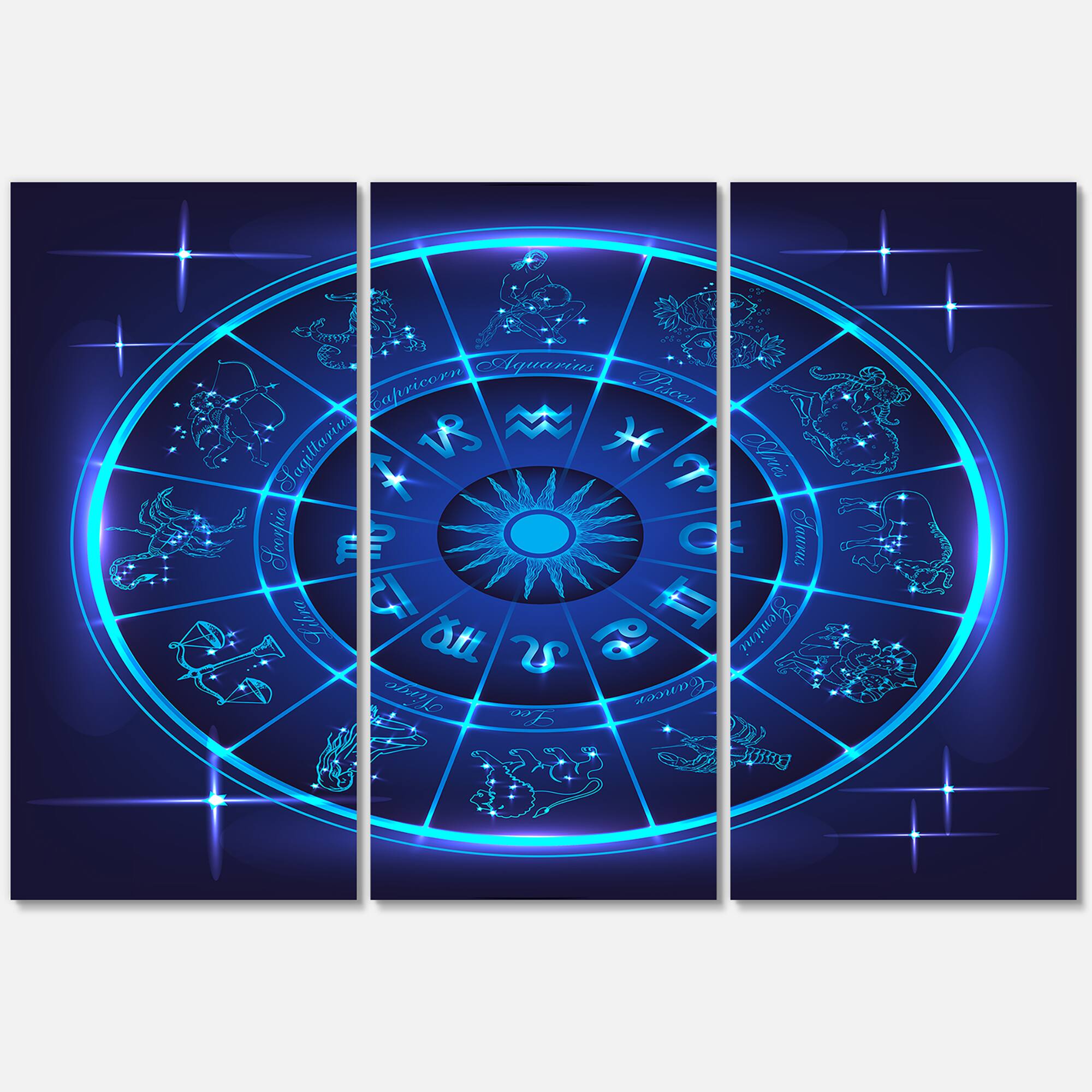 Designart - Neon Deep Blue Horoscope Circle With Zodiac Signs - Modern Canvas Wall Art Print