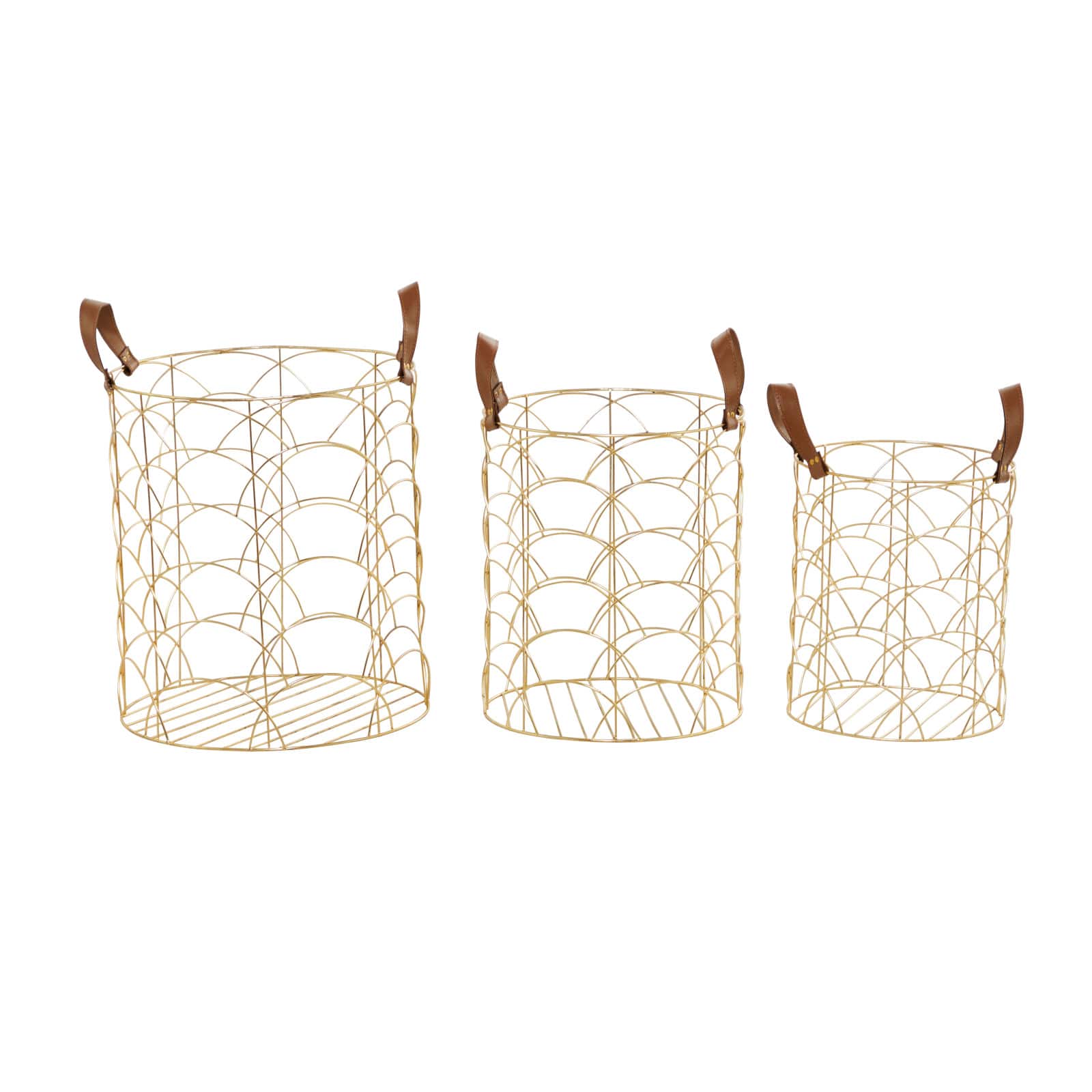 CosmoLiving by Cosmopolitan Gold Metal Storage Basket with Faux Leather Handles Set of 3 16", 14", 12"