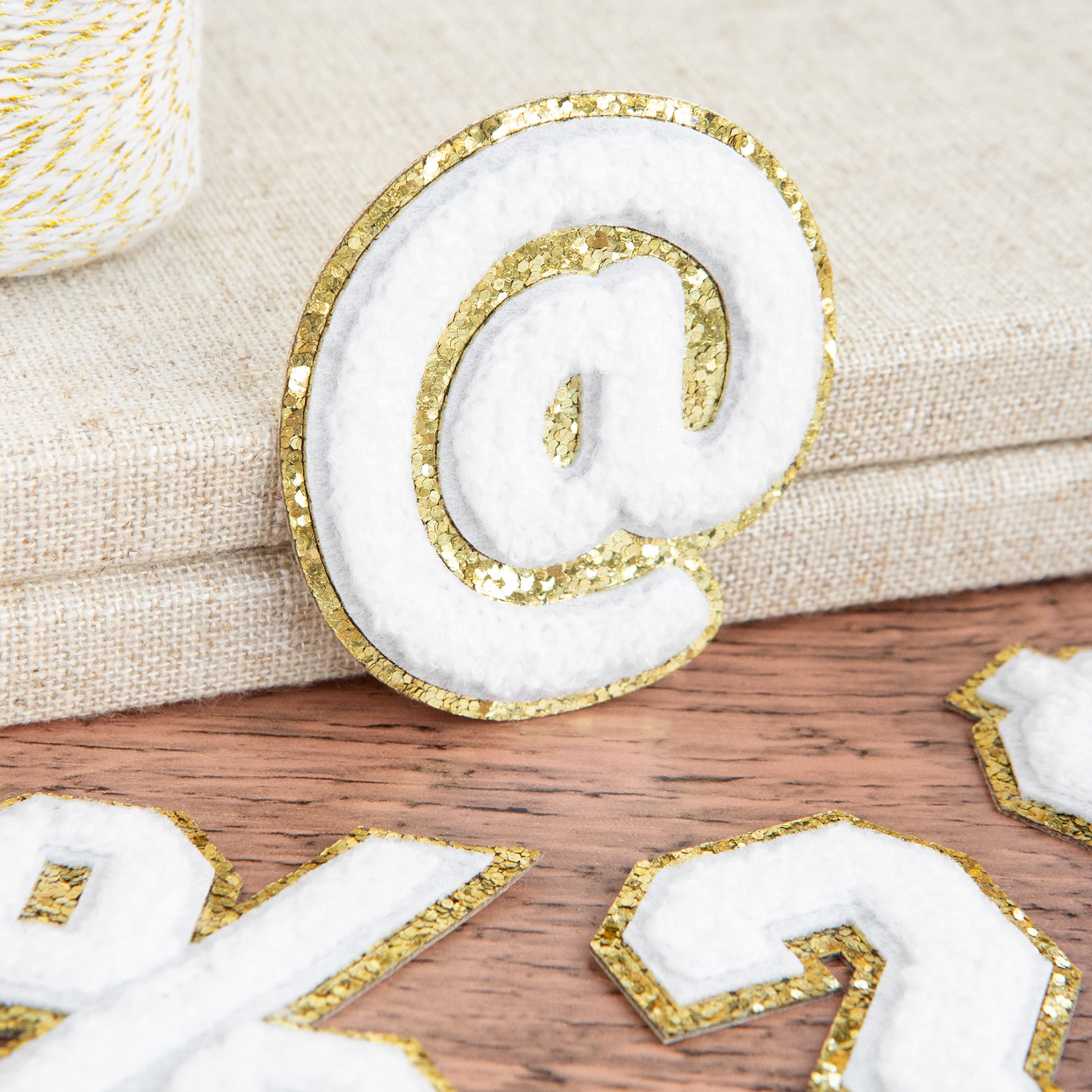 2.25" White Chenille & Gold Glitter Edge Number Iron-On & Adhesive Patch by Make Market